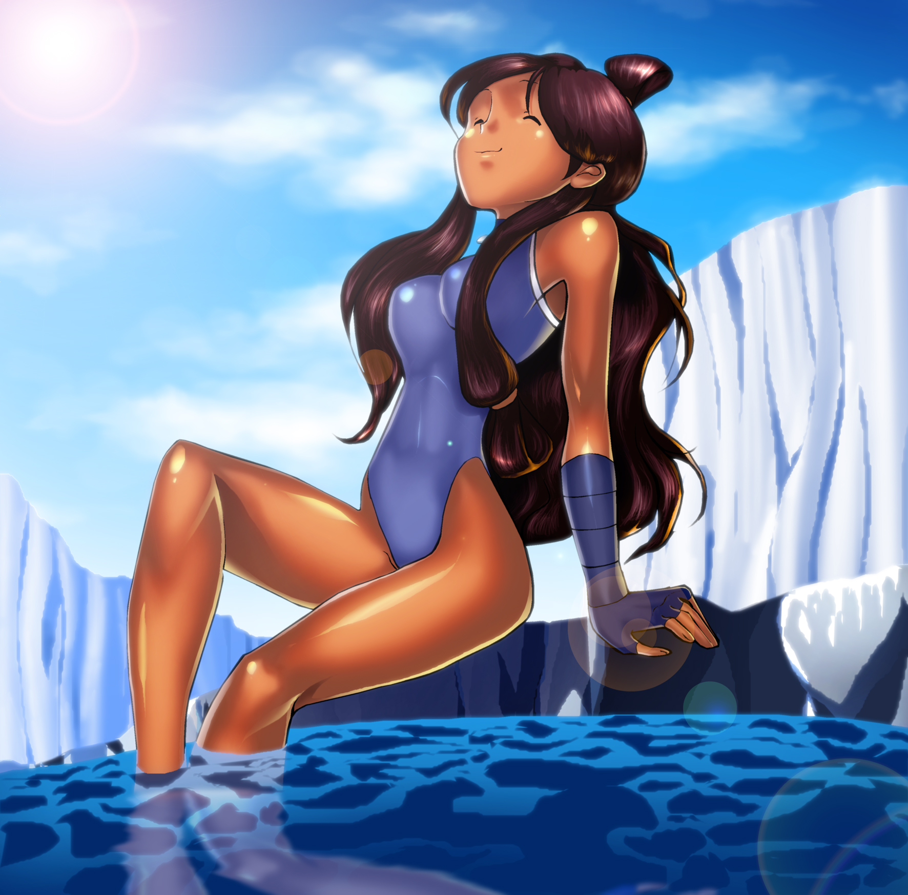avatar the last airbender, breasts, dark skin, dark-skinned female, female, female only, human, katara, medium breasts, one-piece swimsuit, reijisakamoto, solo, straight hair, swimsuit, tagme, water