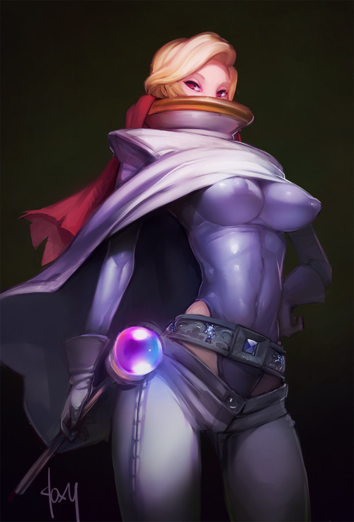 1girls, belt, blonde hair, breasts, cape, doxy, erect nipples, female, hand on hip, large breasts, leotard, magician, mask, navel, nipples, pose, red eyes, scarf, shirt lift, simple background, skin tight, solo, standing, wand