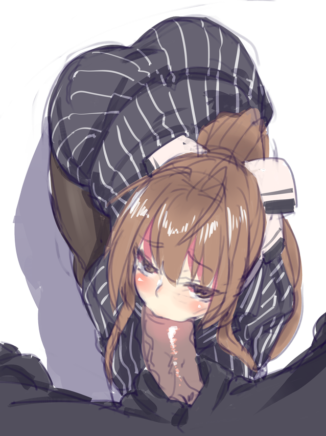 amagi_brilliant_park blush brown_eyes brown_hair clothing dark-skinned_male fellatio female oral pantyhose penis ponytail rama_(amaru) sento_isuzu stripes tied_hair