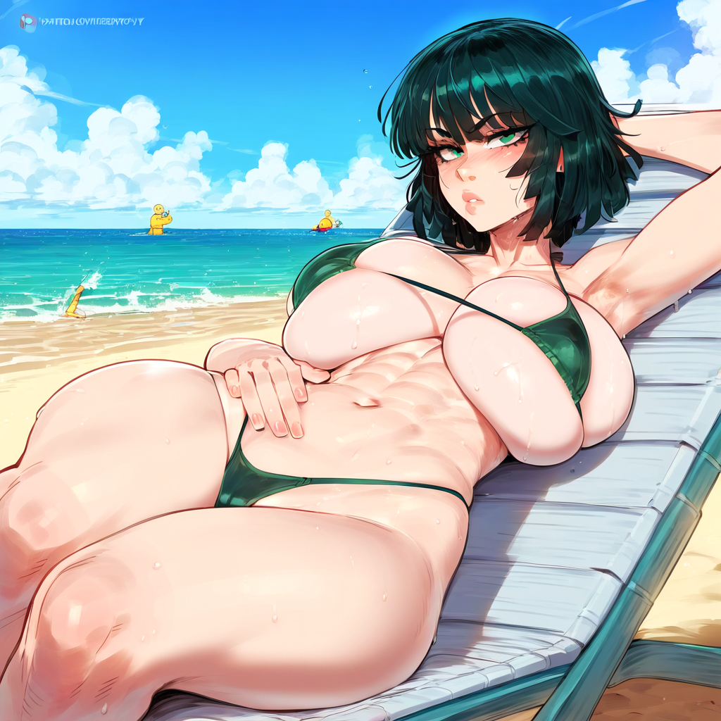 ai_generated beach beach_chair female fubuki_(one-punch_man) green_eyes huge_breasts lying micro_bikini novelai one-punch_man short_hair solo thick_thighs wide_hips zawuardo