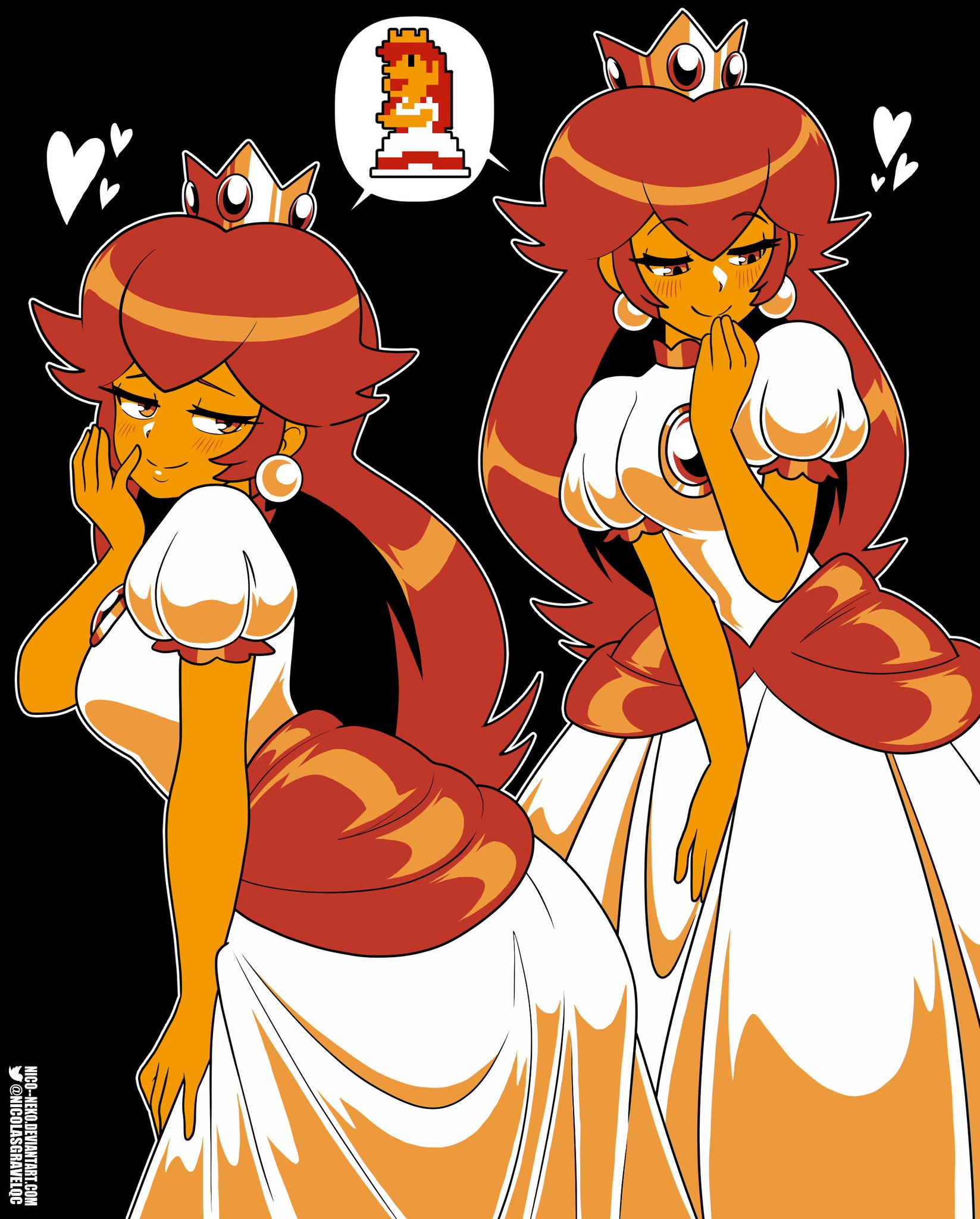 cute, dark skin, dark-skinned female, female, mario (series), nico-neko, nicolasgravelqc, niconekoarts, princess, princess peach, princess peach sprite redraw (meme), princess toadstool, smug, smug expression, smug eyes, smug face, smug grin, smug smile, super mario bros., super mario bros. (nes)
