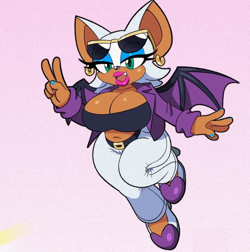 anthro, anthro female, anthro only, big breasts, big hips, breasts, female, furry, furry female, furry only, high heels, hourglass figure, mobian (species), omegasunburst, purple jacket, rouge the bat, sega, sonic (series), sonic the hedgehog (series), sunglasses on head, the murder of sonic the hedgehog