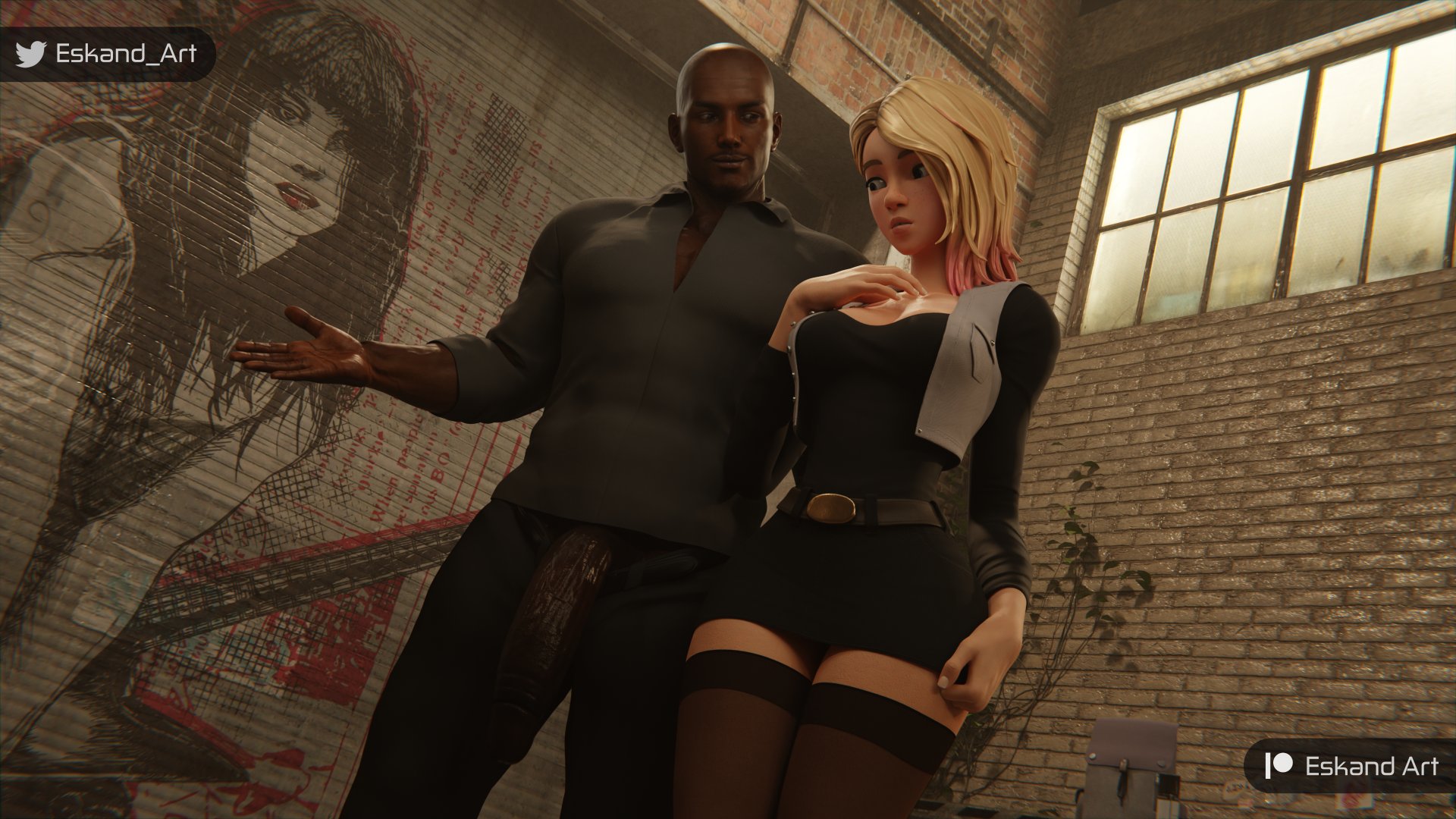 1boy, 1girls, 3d, ass, big ass, big breasts, breasts, curvaceous, curvy, curvy figure, dark skin, dark-skinned male, eskandart, female, fully clothed, gwen stacy, gwen stacy (spider-verse), hips, hourglass figure, imminent sex, interracial, legs, light skin, light-skinned female, male, male/female, marvel, marvel comics, mature, mature female, no penetration, slim waist, spider-gwen, spider-man (series), spider-man: across the spider-verse, spider-man: into the spider-verse, straight, thick, thick legs, thick thighs, thighs, top heavy, voluptuous, waist, wide hips