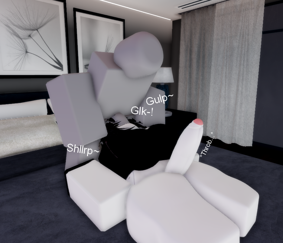 1boy, 1futa, 3d, beanie, bed, bedroom, big breasts, big penis, blowjob, breasts, deepthroat, deepthroat no hands, fellatio, female, foreskin, futanari, hat, intersex, large breasts, male, male on futa, partially clothed, partially clothed female, penis, roblox, roblox avatar, robloxian, text, thighs, uncircumcised, uncut, white hair, white skin