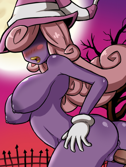 1boy, anus, arched back, ass, blush, blush stickers, breasts, female, from behind, full moon, gloves, hair over eyes, hat, long hair, male, mario (series), moon, night, nintendo, nipples, nude, open mouth, outdoors, paper mario, paper mario: the thousand-year door, pink hair, purple skin, pussy, sandyrex, solo focus, standing, straight, vaginal penetration, vivian (paper mario), white gloves, witch hat