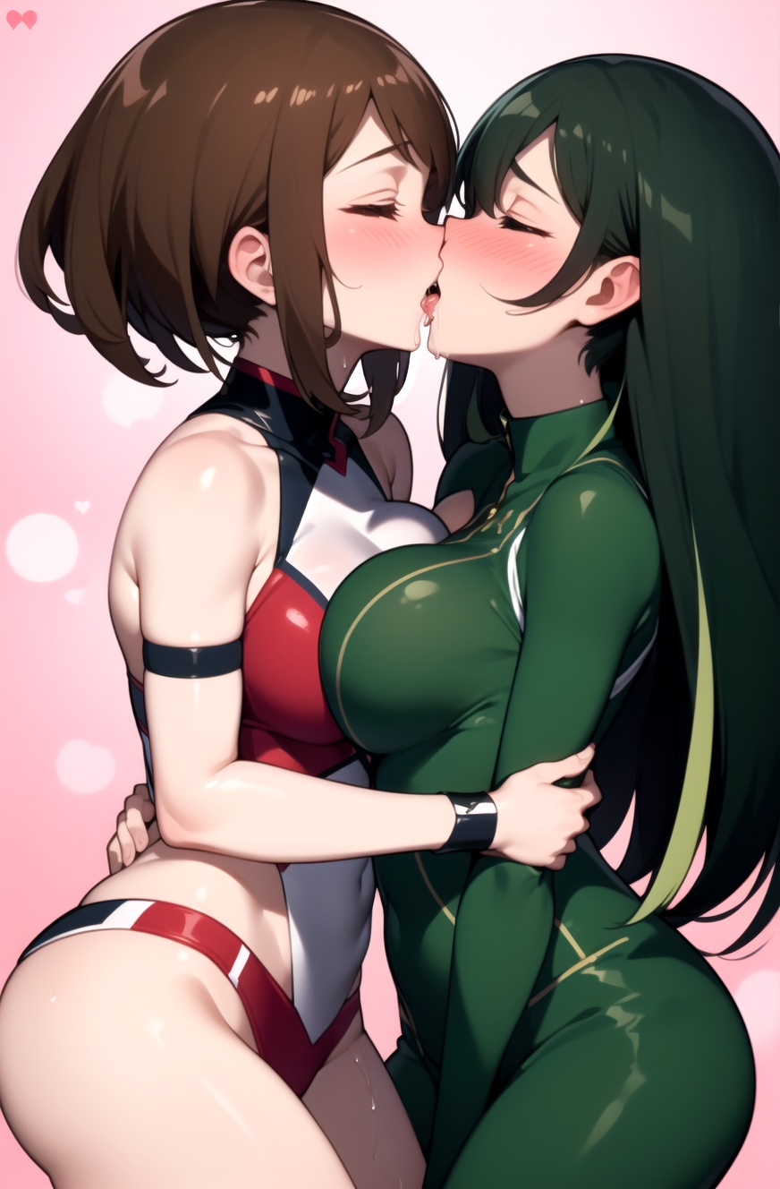 ai_generated asui_tsuyu boku_no_hero_academia kissing my_hero_academia ochako_uraraka tsuyu_asui uraraka_ochako yuri