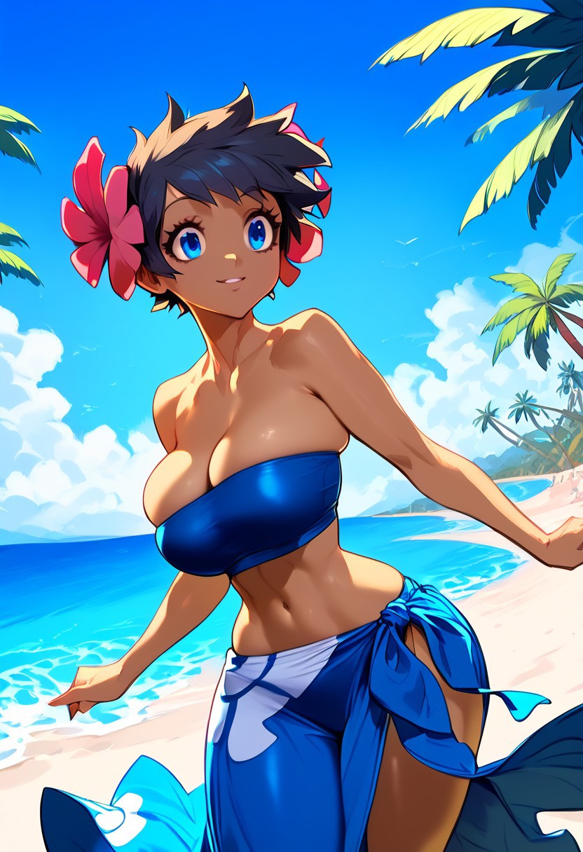 ai_generated bandeau bangs bare_shoulders beach bikini black_hair blue_bikini blue_eyes blue_hair blue_sky blue_swimsuit breasts brown_hair bursting_breasts clavicle cleavage clothing cloud dark-skinned_female dark_skin day earrings eyelashes female female flower hair_flower hair_ornament hibiscus jewelry large_breasts looking_at_viewer midriff navel ocean outdoors palm_tree parted_lips phoebe_(pokemon) pokemon sand sarong short_hair skindentation sky smile solo standing stomach strapless swimsuit tanned thighs tree water