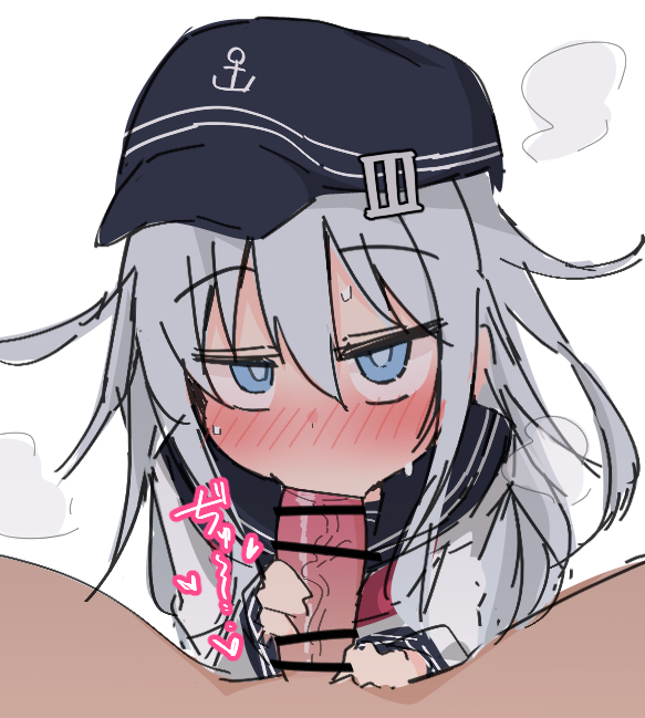 1boy ame_(amechan17391739) blue_eyes blush fellatio female hair_between_eyes hat hibiki_(kantai_collection) kantai_collection long_hair male male/female oral penis pov pov_eye_contact school_uniform serafuku simple_background solo_focus steam steaming_body straight sweat white_background white_hair