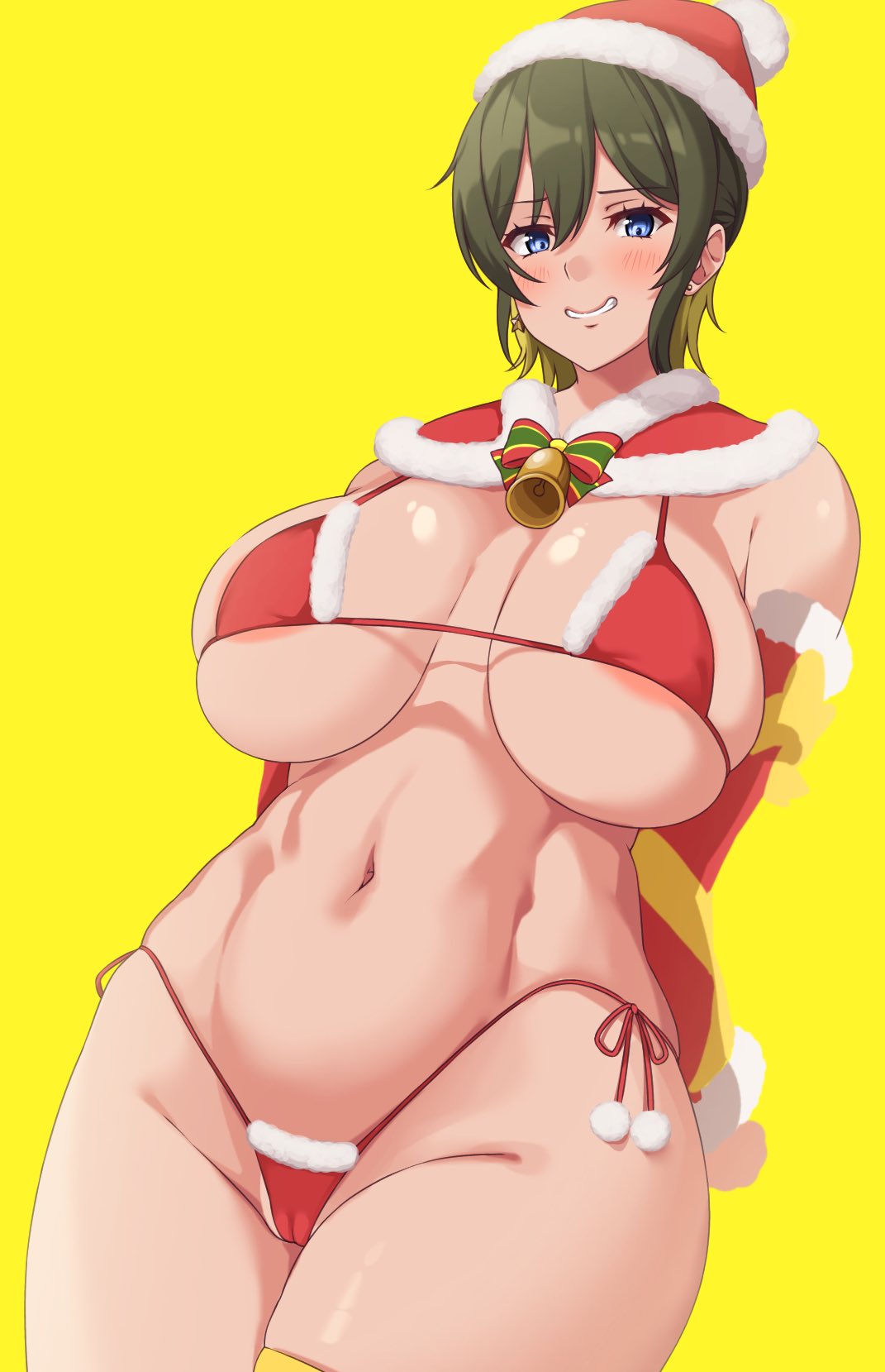 163_(shiromeshi) akashi_maho areolae big_ass bra christmas d4dj huge_breasts panties pussy santa_costume santa_hat thick_hips thick_thighs