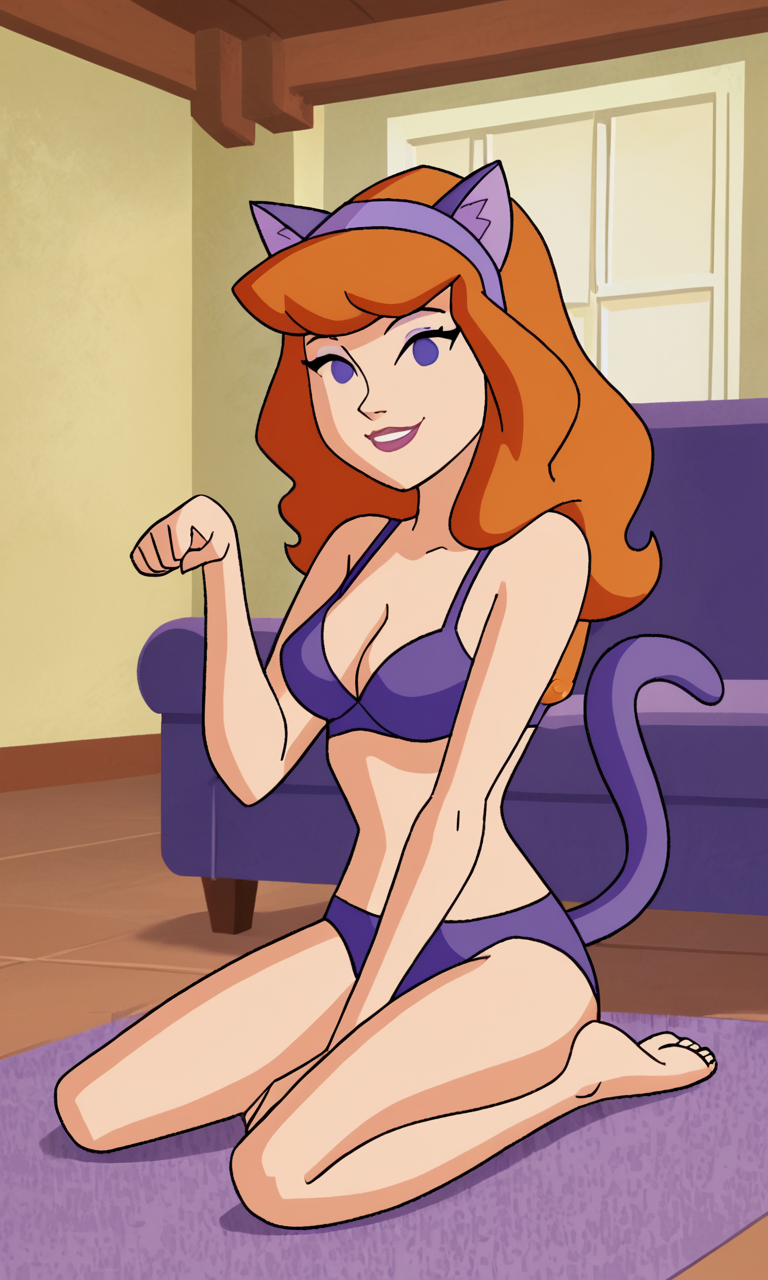 ai_generated ass bigmic145 bra breasts cartoon_network cat_ears cat_tail catgirl daphne_blake daphne_blake_(mystery_incorporated) feet panties red_hair scooby-doo scooby-doo!_mystery_incorporated