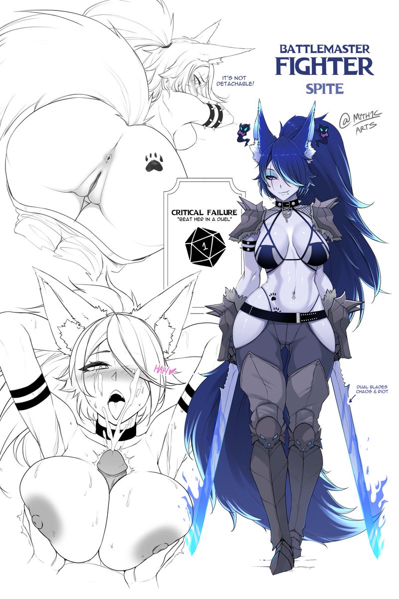 1boy animal_ear_fluff animal_ears anus armor ass bikini_armor blue_eyes blue_hair breasts breasts_squeezed_together chains collar colored_skin cum cum_on_body cum_on_breasts defeated dog_girl ejaculation facial female flaming_sword flaming_weapon gauntlets greaves high_ponytail highres indie_virtual_youtuber long_hair lost_bet multicolored_hair myth1c myth1carts navel nipples paizuri pauldrons penis piercing pov pussy scar scar_across_eye shoulder_armor spikes spirit spite_(vtuber) tail tattoo uncensored virtual_youtuber