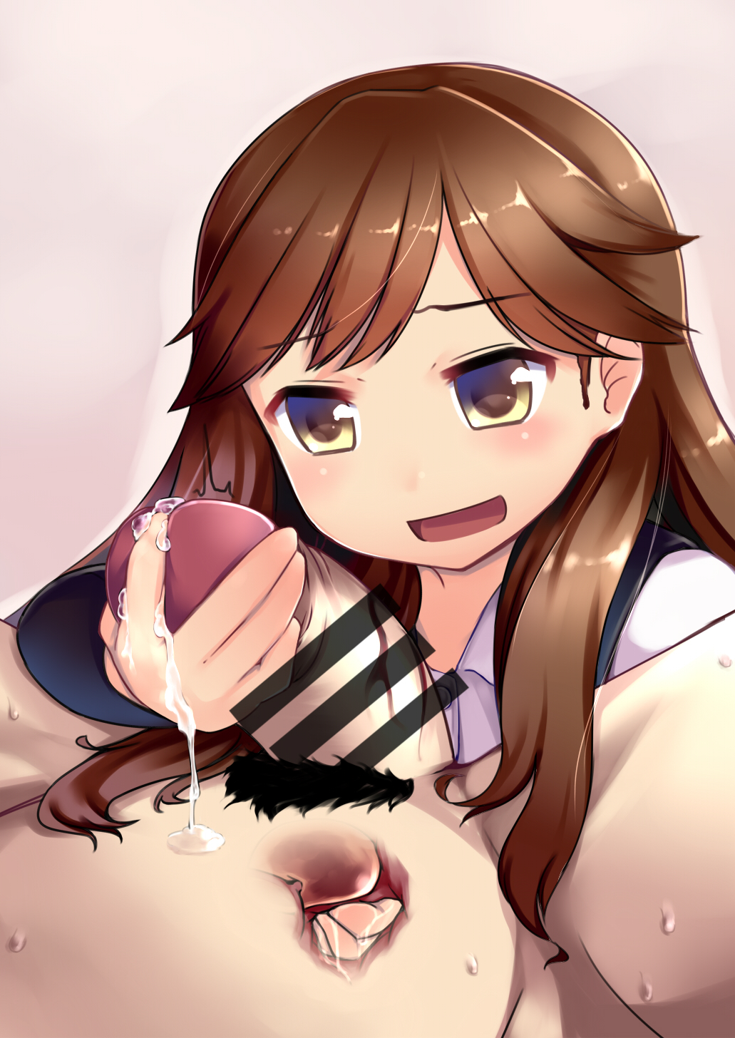 1boy anal_fingering arashio_(kantai_collection) blush brown_eyes brown_hair censored clothed_female_nude_male cum female femdom fingering gigokku handjob highres kantai_collection long_hair open_mouth penis prostate_milking school_uniform smile solo_focus straight suspenders