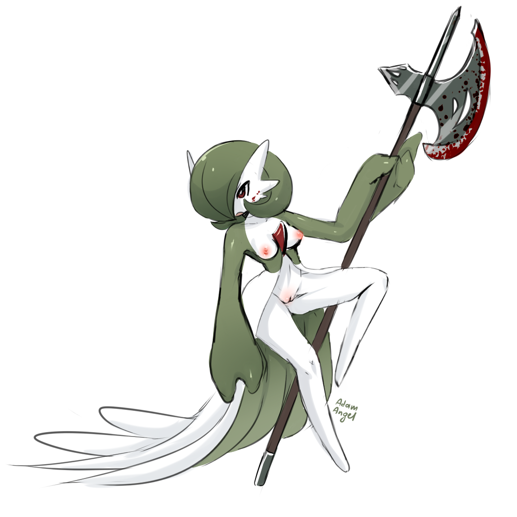 adam_angel artist_name blood blood_on_face bob_cut breasts colored_skin dress female gardevoir green_hair green_skin hair_over_one_eye halberd holding holding_polearm holding_weapon multicolored_skin nipples pink_eyes pokemon pokemon_(creature) polearm pussy simple_background two-tone_skin weapon white_background white_dress white_skin