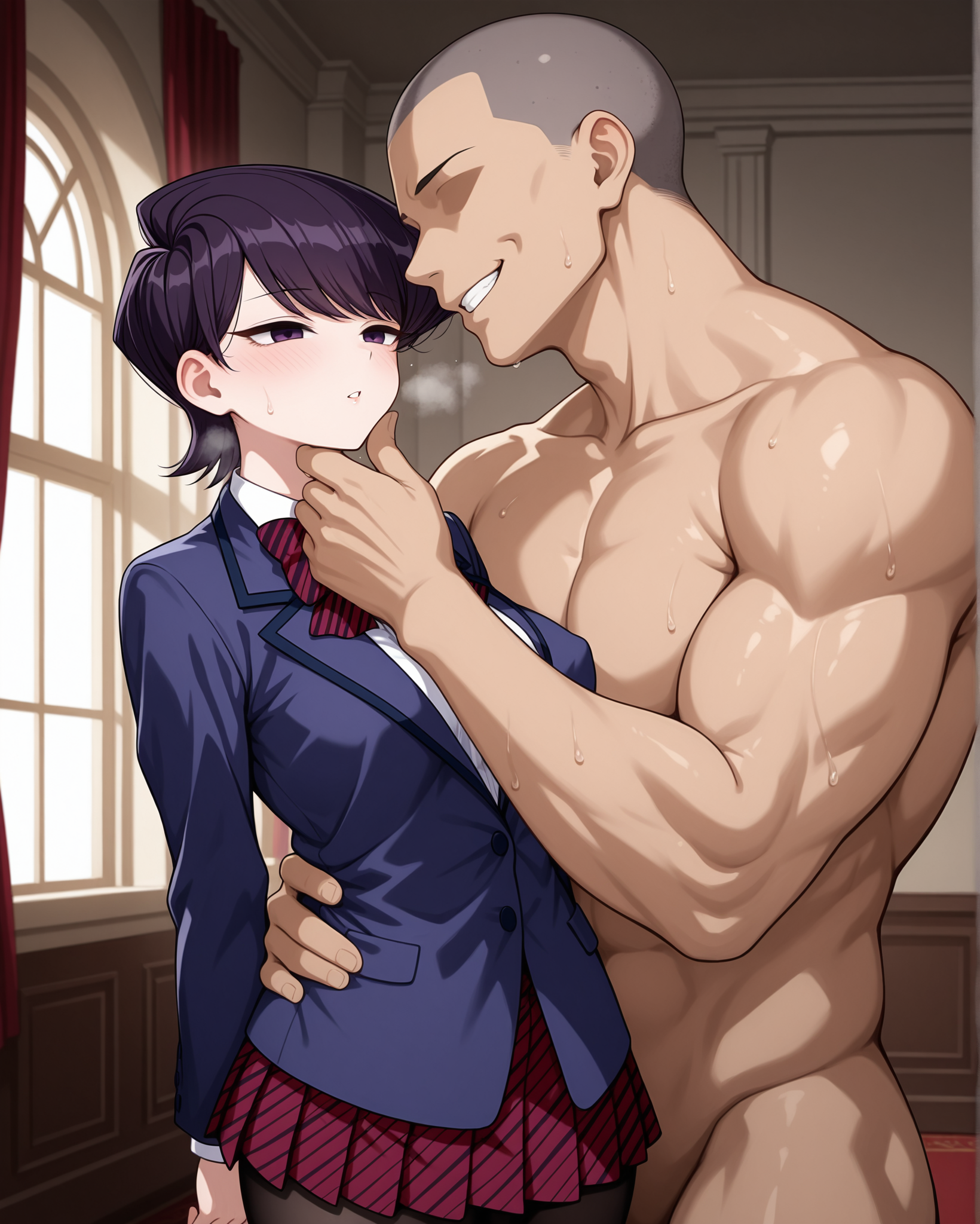 1boy, 1girls, ai generated, arm around waist, blush, bow, breasts, cheating, cheating wife, faceless male, female, grin, half-closed eyes, hand on chin, heavy breathing, imminent kiss, indoors, itan private high school uniform, jacket, komi shuuko, komi-san wa komyushou desu, looking at another, male, milf, muscular, muscular male, netorare, notreallyhere, ntr, nude male clothed female, pantyhose, parted lips, pleated skirt, purple eyes, purple hair, school uniform, shaved head, short hair, size difference, sweat