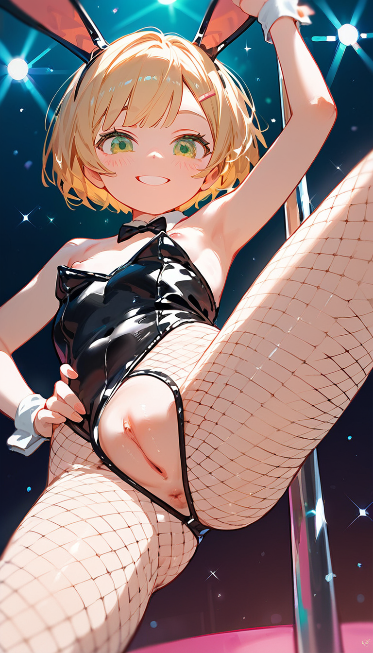 ai_generated anus armpits blonde_hair bunny_ears bunny_girl bunnysuit fishnet_pantyhose green_eyes happy pilon pussy short_hair small_breasts striptease