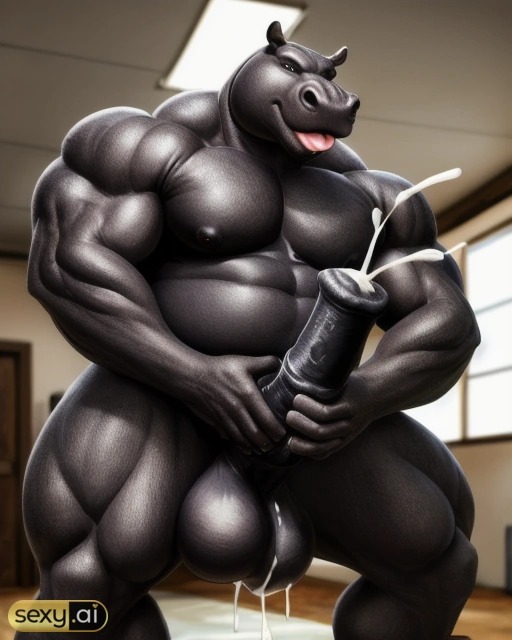 ai_generated fat_male furry genitals hippopotamid hippopotamus male_only massive_balls massive_belly massive_penis masturbation muscular_anthro tagme