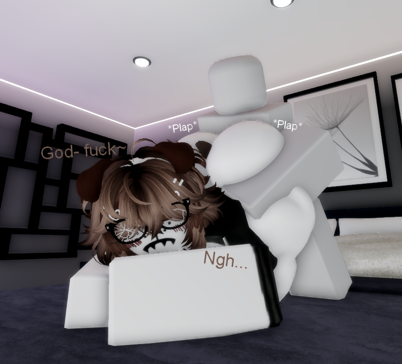 3d anal anonymous_male ass backshots bed bedroom big_ass big_breasts breasts brown_hair dog_ears dog_tail doggirl from_behind from_behind_position furry glasses partially_clothed partially_clothed_female plap roblox roblox_avatar robloxian text thighs white_skin