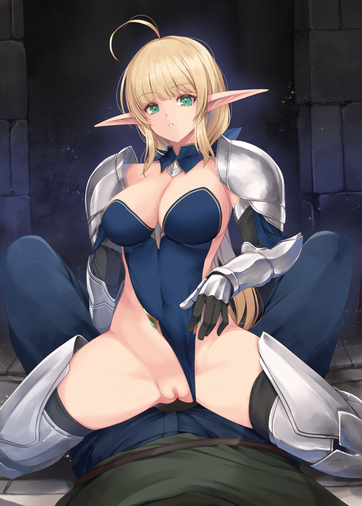 1boy ahoge armor armored_gloves armored_legwear black_gloves black_thighhighs blonde_hair blue_bow blue_collar blue_leotard blunt_bangs bow breasts censored cleavage closed_mouth clothing_aside collar commentary_request covered_navel cowgirl_position detached_collar elf female gloves green_eyes hairbow kirishima_satoshi large_breasts leotard leotard_aside leotard_elf_knightess_(kirishima_satoshi) long_hair looking_at_viewer mosaic_censoring original pointy_ears ponytail pov pov_crotch pussy shoulder_armor sidelocks spread_legs spread_pussy straddling strapless strapless_leotard thighhighs thighs very_long_hair