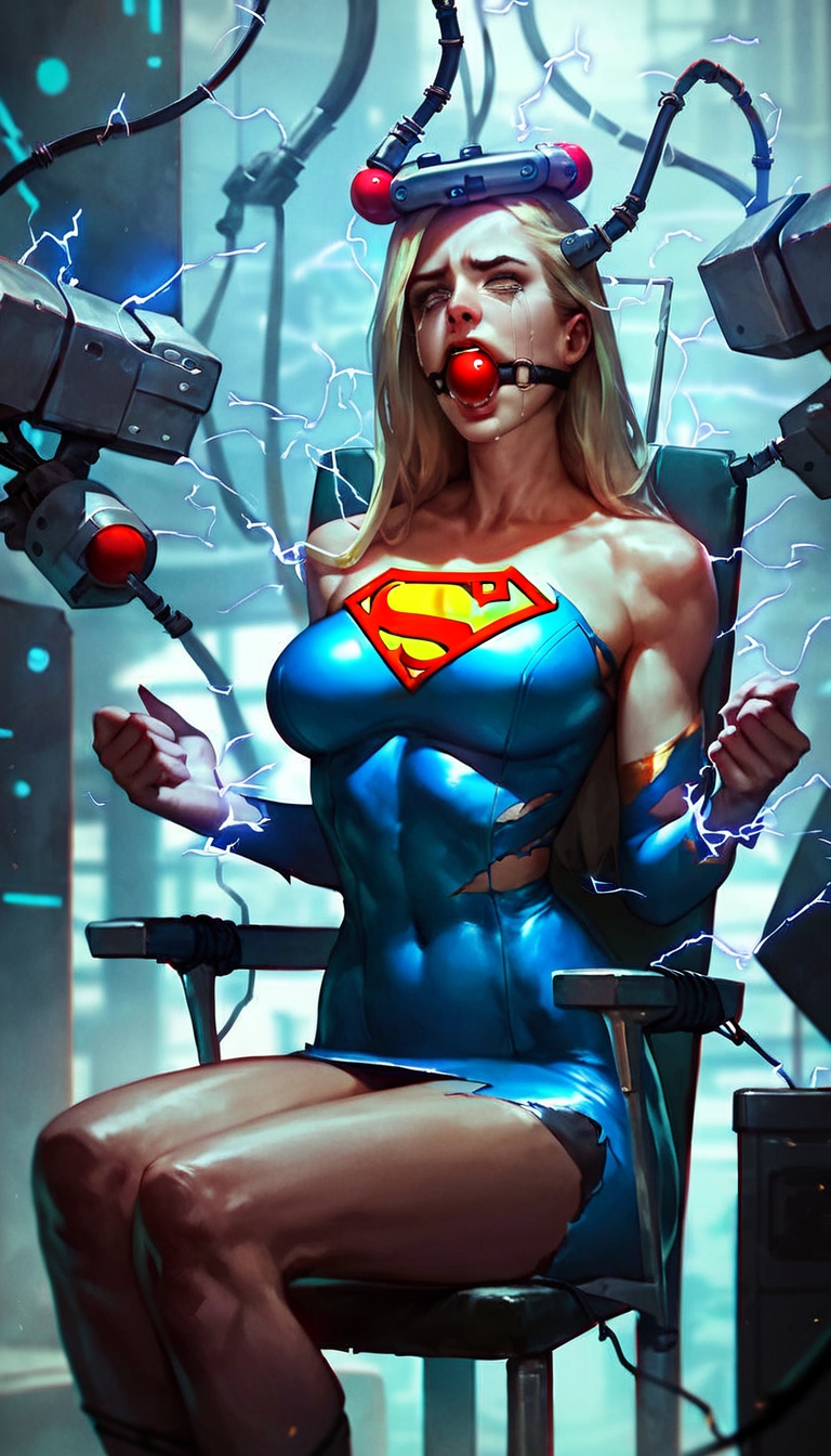 1female 1girls ai_generated blonde_hair crying darkimperium dc dc_comics defeated_heroine electric_chair electric_shock electricity female female_only pain solo solo_female supergirl superheroine tagme tears torture