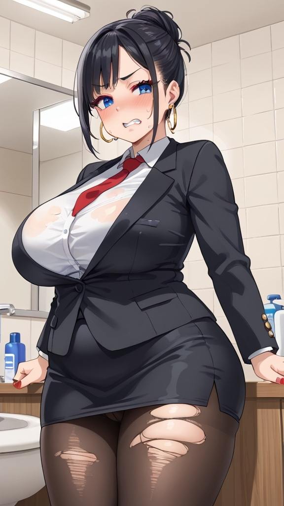 ai_generated angry blushing breast_expansion chubby chubby_belly chubby_female clenched_teeth frustrated large_breasts leaning_back office_lady open_jacket pantyhose plump plump_breasts plump_thighs public_restroom skirt solo_female suit_and_tie sweat sweating sweaty_clothes thick_thighs torn_clothes torn_pantyhose undershirt visible_underwear voluptuous voluptuous_female weight_gain wide_hips worried