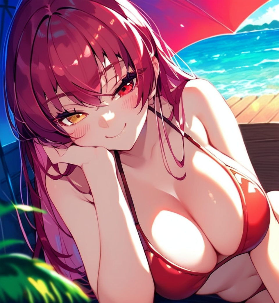 1girls ai_generated beach big_breasts bikini bikini_top breasts curvy curvy_figure female heterochromia hololive hololive_japan houshou_marine large_breasts light-skinned_female light_skin red_bikini red_bikini_top red_eyes red_hair seaside smile smug smug_face virtual_youtuber yellow_eyes