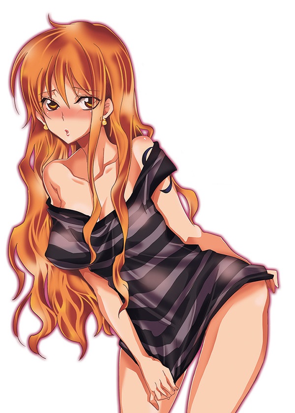 1girls, arm tattoo, blue tattoo, blush, breasts, cleavage, female, female only, human, large breasts, long hair, nami (one piece), one piece, orange hair, orange-haired female, solo, tagme, tattoo