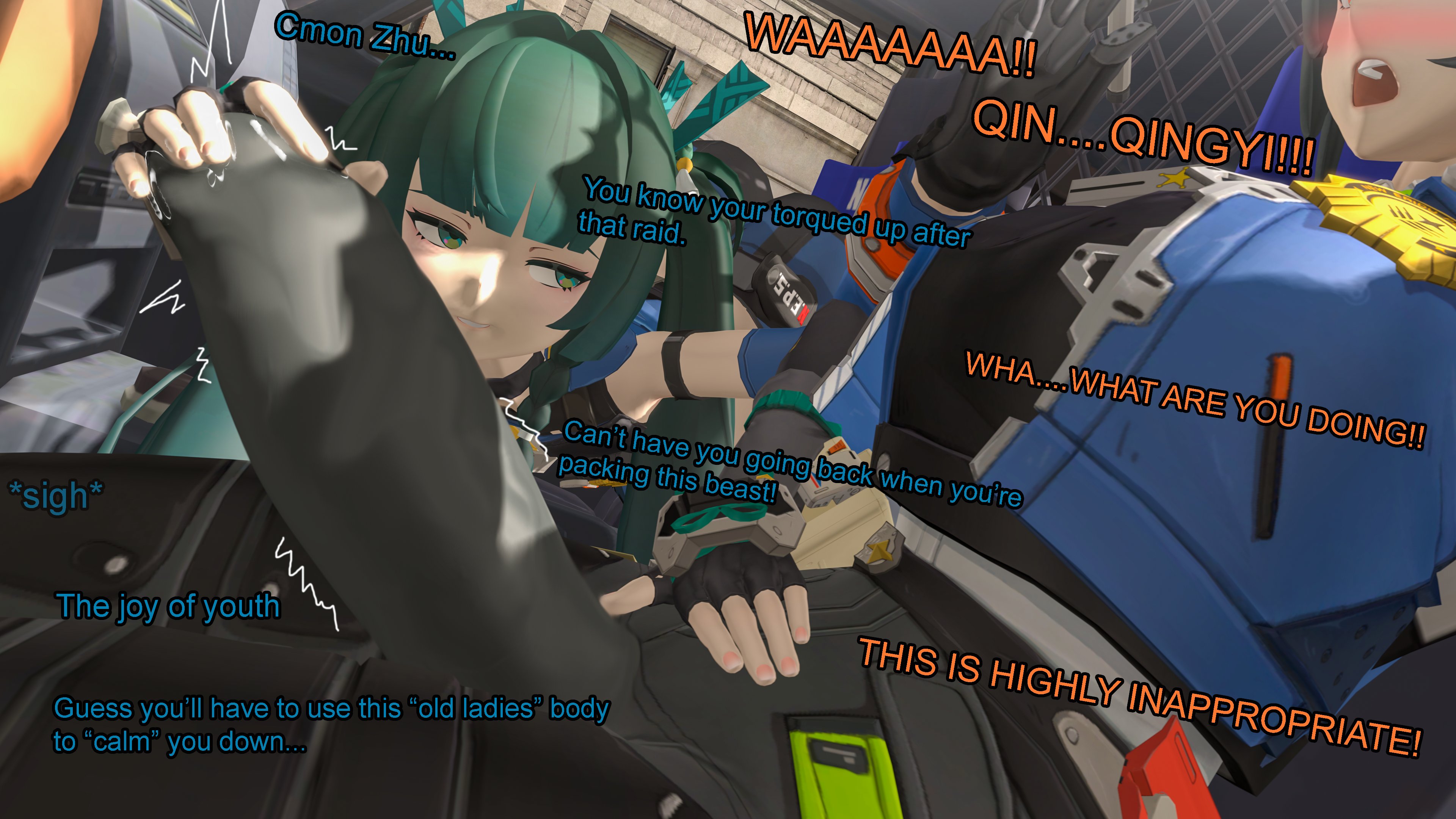 1futa, 1girls, 3d, black hair, breasts, bulge, car, english text, erection under clothes, female, futa on female, futanari, green hair, handjob over clothes, intersex, large breasts, larger futa, light skin, light-skinned female, light-skinned futa, looking at bulge, mihoyo, mihoyo technology (shanghai) co. ltd., pants, petite, police, qingyi (zenless zone zero), red hair, small breasts, smaller female, streaked hair, text, theboobedone, twintails, vehicle interior, zenless zone zero, zhu yuan