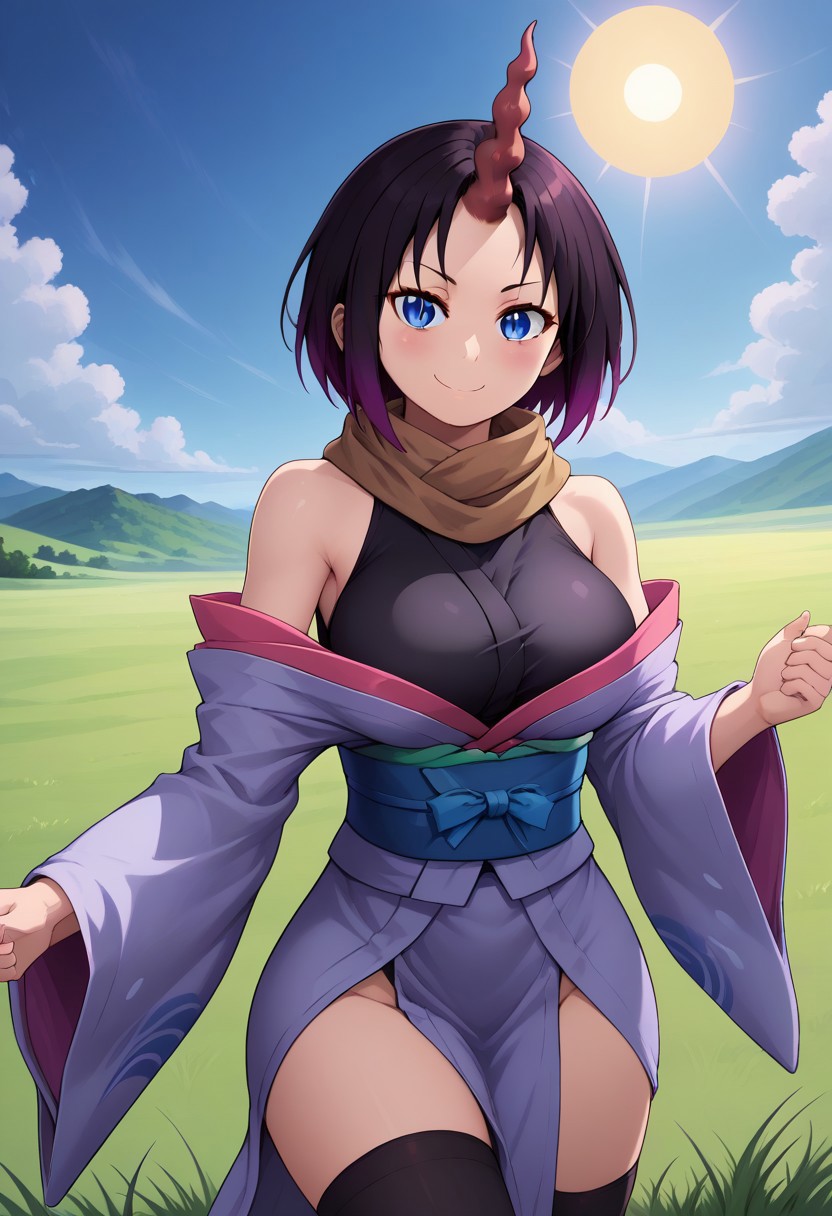 ai_generated awesomeness98778 bare_shoulders black_hair blue_eyes civitai cowboy_shot dragon_girl dynamic_pose elma_(dragon_maid) grass horn japanese_clothes long_sleeves looking_at_viewer miss_kobayashi's_dragon_maid outdoors outside pixai short_hair single_horn smile smiling smiling_at_viewer sun