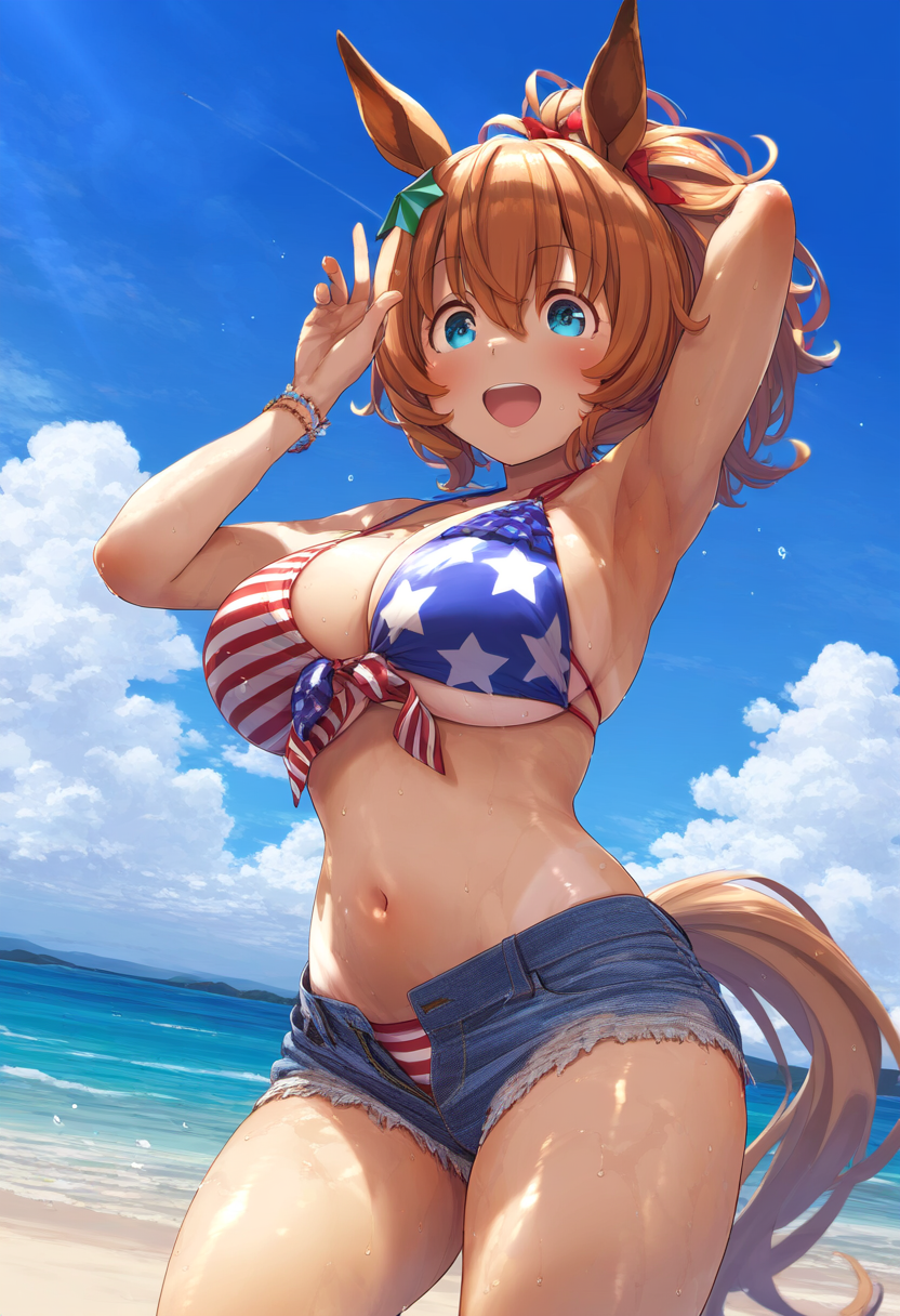 ai_generated american_flag_bikini animal_ears big_breasts bikini blue_eyes female hair_accessory horse_girl light_brown_hair patriotic_clothing ponytail taiki_shuttle_(umamusume) umamusume umamusume_pretty_derby