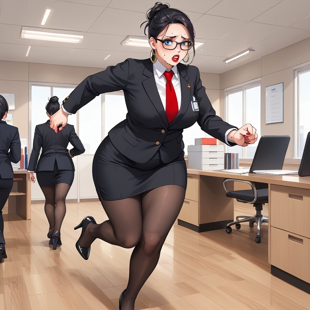 ai_generated black_hair curvy curvy_figure glasses high_heels office_lady running skirt suit_and_tie sweating thick_thighs voluptuous voluptuous_female weight_gain worried