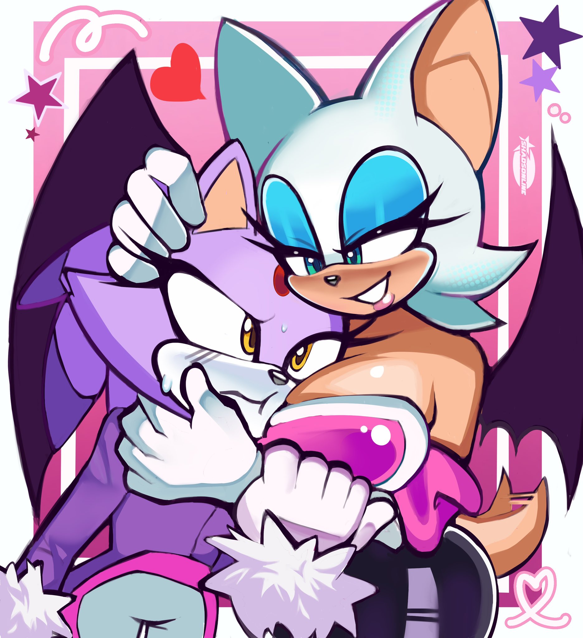 2girls, big breasts, blaze the cat, boobs, breast envy, breasts, breasts on face, embarrassed, female, female only, rouge the bat, sega, shadsonline, sonic (series), sonic the hedgehog (series), yuri