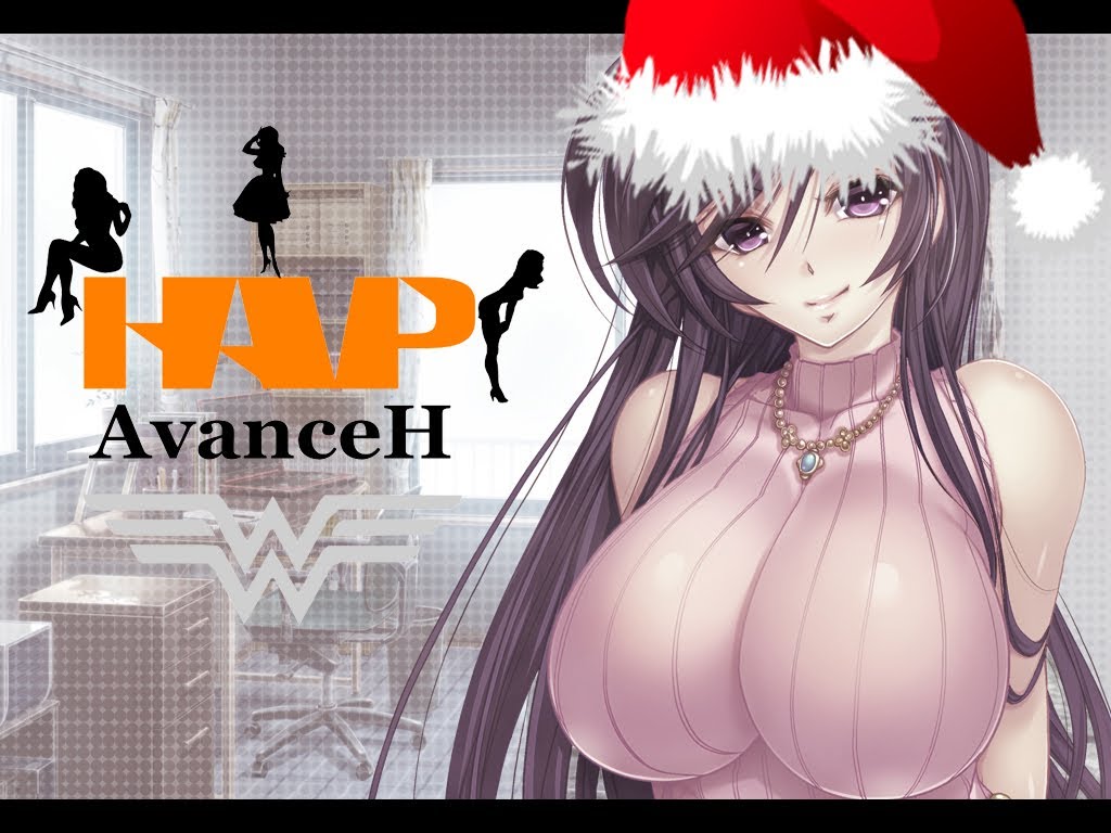 accurate_art_style breasts chair cleavage curtain desk female hair large_breasts logo long_hair necklace purple_eyes purple_hair santa_hat silhouette smile trashcan window