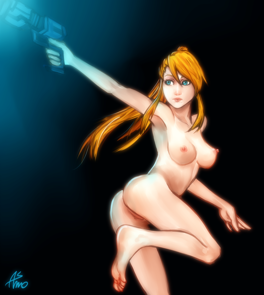 1girls arched_back areola armpit asmo ass barefoot beauty_mark big_breasts blonde_hair breasts feet female female_only gun human leg_up long_hair looking_back metroid mole nintendo nipples nude ponytail pose pussy samus_aran simple_background soles solo teal_eyes tied_hair toes weapon