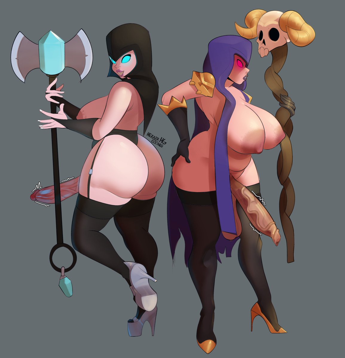 2futas, 2girls, almost naked, almost nude, alternate version available, areola, areolae, big ass, big breasts, boobs, bubble ass, bubble butt, clash (series), clash of clans, clash royale, duo, duo female, duo focus, erect penis, erection, fat ass, fat tits, fishnet legwear, fishnets, foreskin, foreskin overhang, futa, futa only, futanari, hard cock, hard on, heels, hexxergooned, large ass, large breasts, light skin, light-skinned female, naked, naked female, night witch (clash of clans), night witch (clash royale), nude, nude female, stockings, supercell, thigh highs, thighhighs, thighs, tits, twitch lines, twitching, twitching penis, white skin, witch (clash of clans), witch (clash royale)