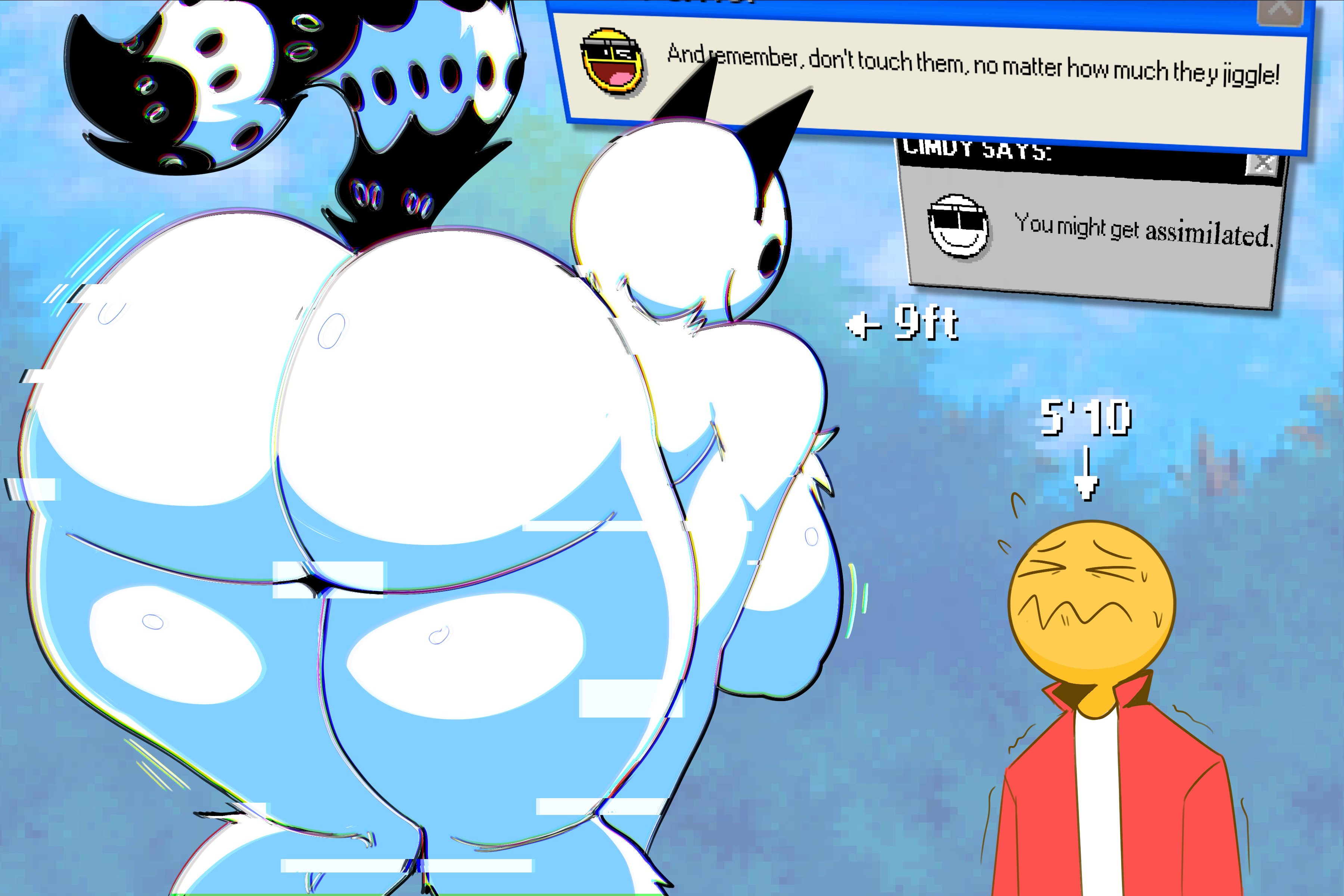 1boy, 1girls, 2026, 2d, 2d (artwork), ass, back view, bending forward, bending over, bent over, big ass, big butt, breasts, busty, busty female, cat ears, clothed male nude female, color, colored, digital drawing (artwork), digital media (artwork), emoji (race), english text, fat ass, fat butt, female, furry, furry female, glitch, glitch effect, glitching, male, malware (technology), motion lines, naked, naked female, nervous, nervous expression, nude, nude female, pixelated background, rear view, size difference, srrealleaf, sweatdrop, tail, taller female, text, text box, thick thighs, thighs, virus, white body, white-skinned female, yellow-skinned male, you are an idiot!