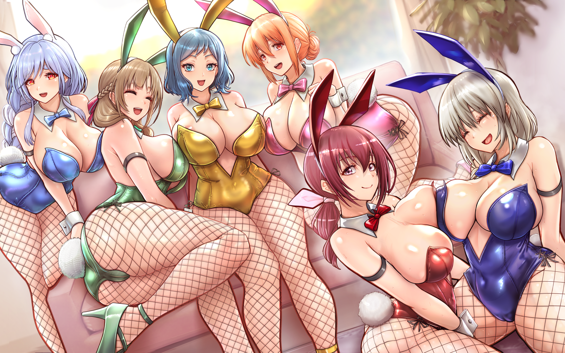 6girls, alternate version available, animal ears, ass, big breasts, blue bunnysuit, blue eyes, blue hair, bow, braid, braided ponytail, breast to breast, breasts, brown hair, cleavage, closed eyes, clothing, crossover, fake animal ears, fake tail, fishnet legwear, fishnet pantyhose, fishnets, green bow, green bowtie, green bunnysuit, green hairband, grey hair, gundam, gundam build fighters, hair bun, hair ribbon, high heels, hololive, hoshizora ikuyo, huge breasts, iori rinko, light blue hair, long hair, mature, mature female, mature woman, milf, miyakura haruto, mother, multiple girls, neckwear, oosuki mamako, orange eyes, orange hair, pantyhose, pekomama, pink bunnysuit, pink eyes, ponytail, precure, purple eyes, rabbit ears, rabbit girl, rabbit tail, red bunnysuit, red eyes, red hair, ribbon, smile, smile precure, tail, tsuujou kougeki ga zentai kougeki de ni-kai kougeki no okaasan wa suki desu ka?, uzaki tsuki, uzaki-chan wa asobitai!, virtual youtuber, white hair, wrist cuffs, yahari ore no seishun lovecome wa machigatteiru., yellow bunnysuit, yuigahama yui's mother