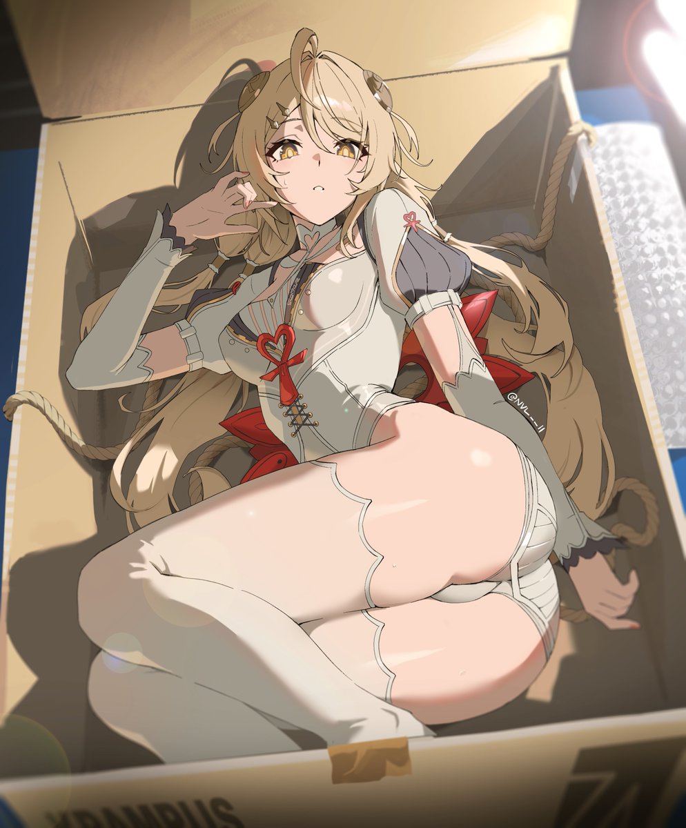 1girls, big ass, big butt, blonde, blonde hair, cardboard box, female, female only, hoyoverse, large ass, large butt, light skin, light-skinned female, mihoyo, nvl, phoenix reffaella, thick, thick ass, thick thighs, thighs, yellow eyes, zenless zone zero