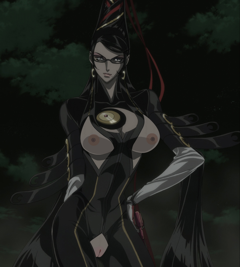 bayonetta, bayonetta (character), beauty mark, breasts, edit, female, forest, glasses, gun, hand on hip, mole, night, nipples, nude edit, pussy, sega, sexualocelot, solo, uncensored, video games, weapon