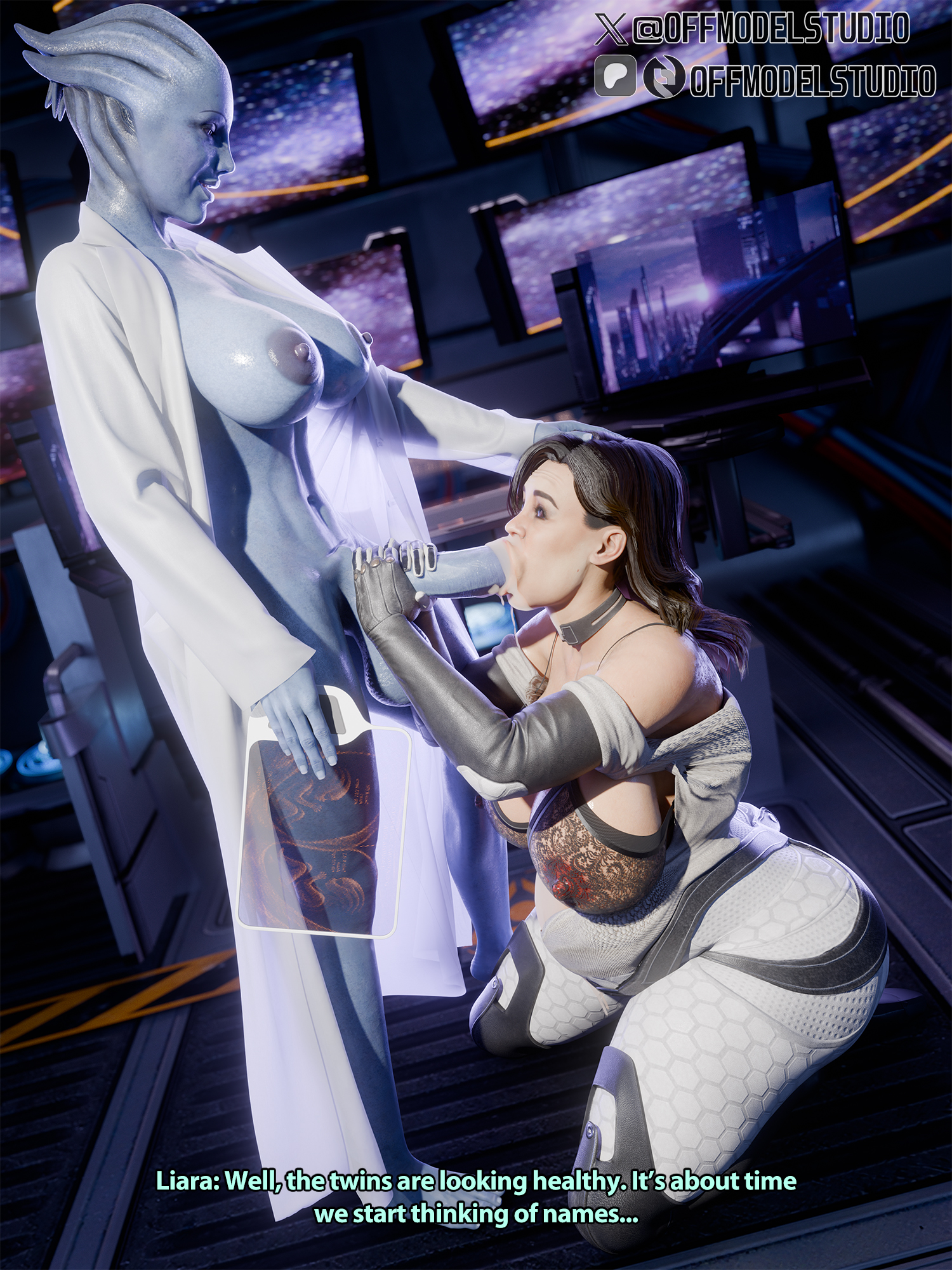 1futa, 1girls, 3d, 3d (artwork), alien, alien futa, alien humanoid, artist name, asari, bioware, black eyeliner, black eyeshadow, black hair, blue eyes, bubble butt, child bearing hips, curvaceous, curvaceous female, curvy female, curvy hips, dripping cum, ejaculation, english text, excessive cum, eyeliner, eyeshadow, female, futa on female, futa wife, futanari, hand on another's head, huge areolae, huge ass, huge breasts, huge nipples, huge penis, huge testicles, interspecies pregnancy, large areolae, large ass, large breasts, large nipples, large penis, large testicles, leaking cum, liara t'soni, light skin, light-skinned female, lingerie, lingerie bra, long hair, mass effect, miranda lawson, offmodelstudio, pale skin, pale-skinned female, penis grab, pregnant, pregnant belly, pregnant female, science, see-through, see-through bra, see-through clothes, see-through clothing, sweat, sweaty, sweaty breasts, sweaty legs, tentacle hair, veins, veiny, veiny penis, video game, video game character, video game franchise, watermark, wide hips
