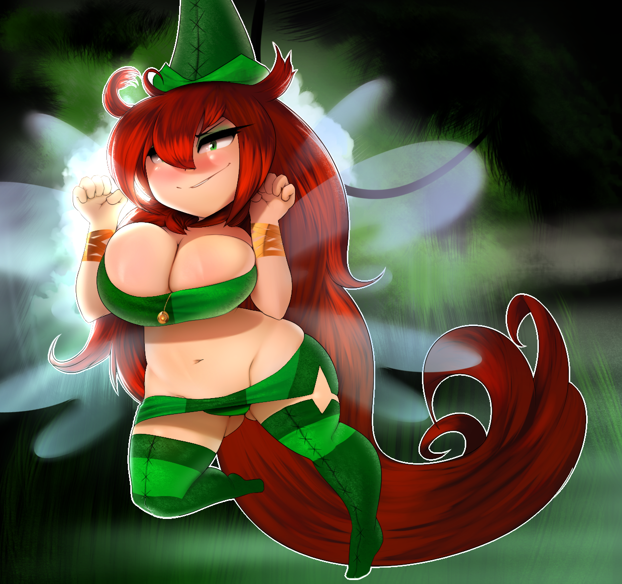betilla (rayman), between breasts, blush, breasts, cleavage, curvy, fairy, female, forest, green eyes, green panties, hat, huge breasts, looking at viewer, miniskirt, navel, nymph (rayman), outdoors, panties, pantyshot, plantpenetrator, plump, pose, rayman (series), rayman origins, red hair, smirk, thick thighs, thighhighs, ubisoft, very long hair, wide hips, wings, wristband