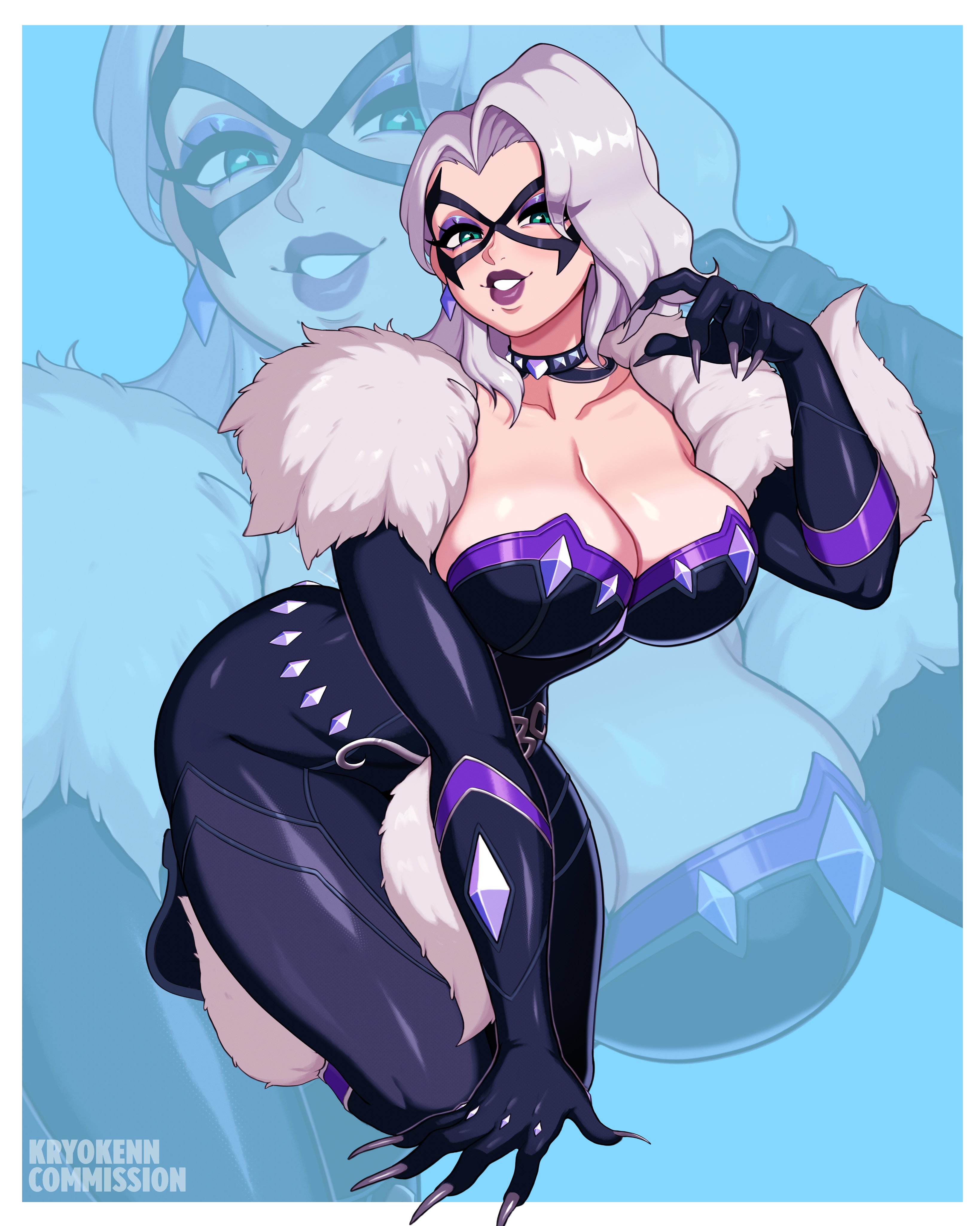 1girls, 2026, 2d, alluring, big breasts, black cat (marvel rivals), black cat (marvel), bodysuit, breasts, bursting breasts, choker, claws, cleavage, collar, commission, commission art, curvaceous, curvaceous body, curvaceous female, curvaceous figure, curvaceous hips, curvy, curvy body, curvy female, curvy figure, curvy hips, domino mask, enticing, eyemask, eyeshadow, felicia hardy, female, fully clothed, green eyes, high resolution, highres, hips, hourglass figure, huge breasts, kryokenn, large breasts, light skin, light-skinned female, looking at viewer, marvel, marvel comics, marvel rivals, mask, masked, masked female, massive breasts, purple lipstick, seducing, seductive, seductive look, seductive pose, shiny, shiny breasts, shiny clothes, shiny skin, skin tight, solo, spider-man (series), superheroine, teasing, teasing viewer, temptation, tempting, tempting viewer, thick, thick breasts, thick hips, thick thighs, tight clothes, tight clothing, voluptuous, voluptuous female, white fur, white hair, wide hips
