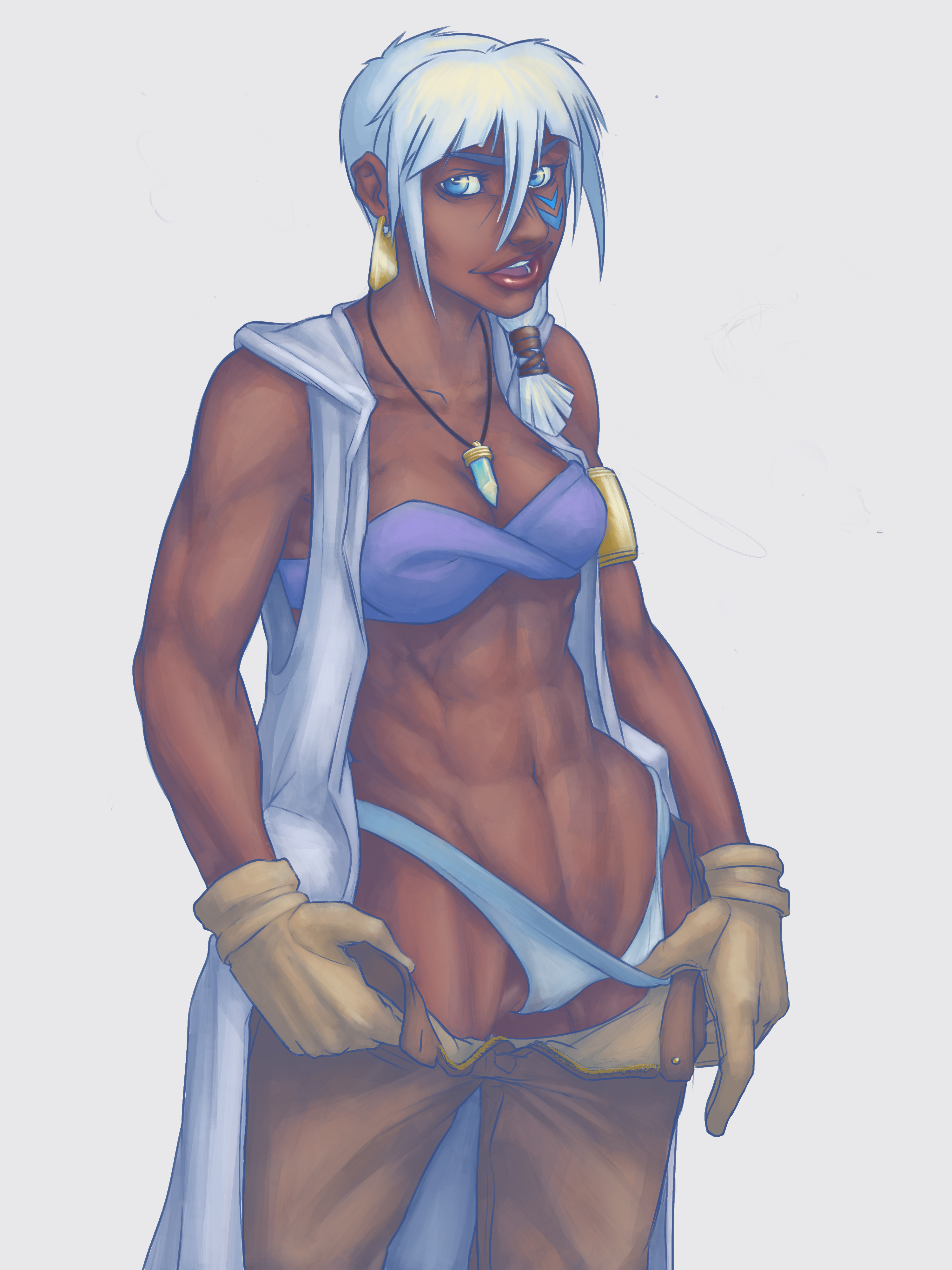 1girls, abs, armband, atlantis: the lost empire, blue eyes, cameltoe, cleavage, clothing, color, colored, dark skin, dark-skinned female, disney, earrings, female, female only, gloves, human, human only, jewelry, kceram, kida, long hair, navel, necklace, open mouth, panties, panty pull, partially visible vulva, ponytail, pussy, round ears, solo, tattoo, teeth, tongue, underwear, white background, white hair, white panties