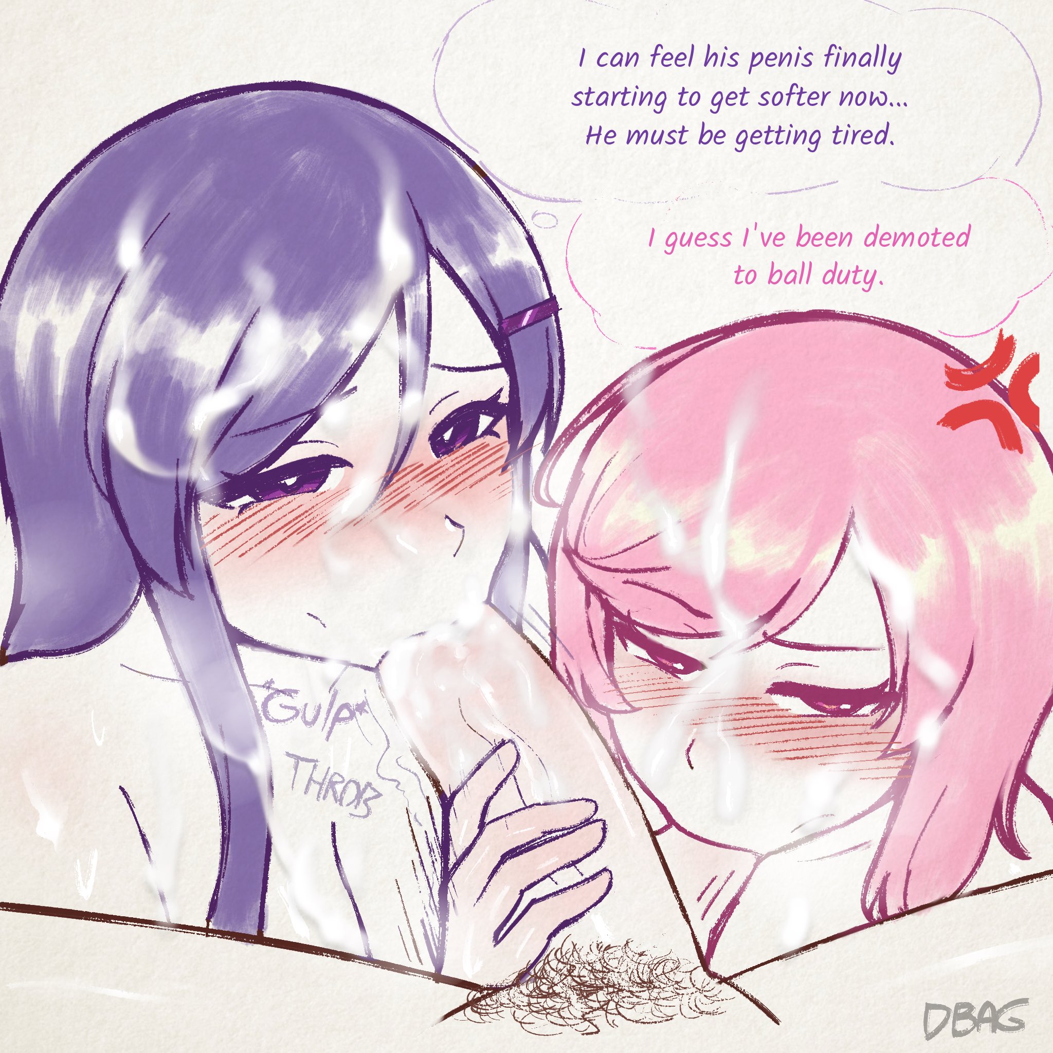 1boy, 1boy2girls, 2026, 2girls, 2girls1boy, absurdres, anger vein, angry, artist name, balls sucking, big breasts, blush, blush lines, blushing, breasts, breasts size difference, cock, collaborative fellatio, cum, cum in mouth, cum on breasts, cum on face, dbagdraws, dialogue, doki doki literature club, english, english dialogue, english text, fellatio, female, female focus, female/male/female, ffm threesome, fluffyearedfox, hairclip, highres, looking at viewer, male, male pov, male/female/female, mc (doki doki literature club!), natsuki (doki doki literature club), pink eyes, pink hair, pov, pubic hair, purple eyes, purple hair, small breasts, team salvato, teamwork, teamwork (sexual), threesome, watermark, yuri (doki doki literature club)