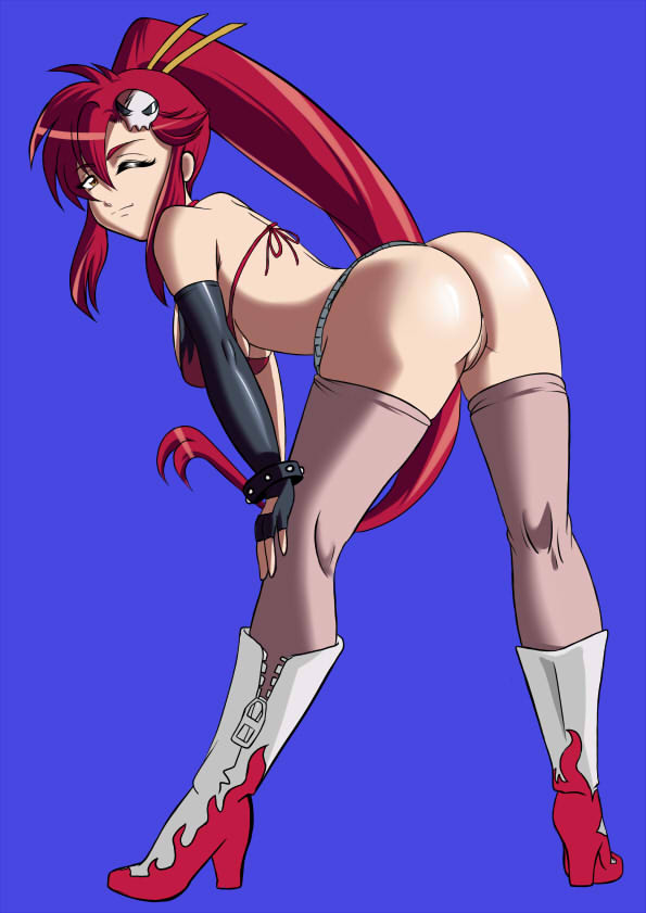 1girls, ass, back, bent over, bikini bra, bikini top, blue background, bottomless, breasts, cameltoe, cigej21, cleavage, female, fingerless gloves, flame print, gloves, hair ornament, hair stick, hanging breasts, high heel boots, highres, large breasts, long hair, pink legwear, ponytail, pussy, red hair, simple background, skull hair ornament, solo, stockings, tengen toppa gurren lagann, thighhighs, tied hair, uncensored, very long hair, wink, yellow eyes, yoko littner