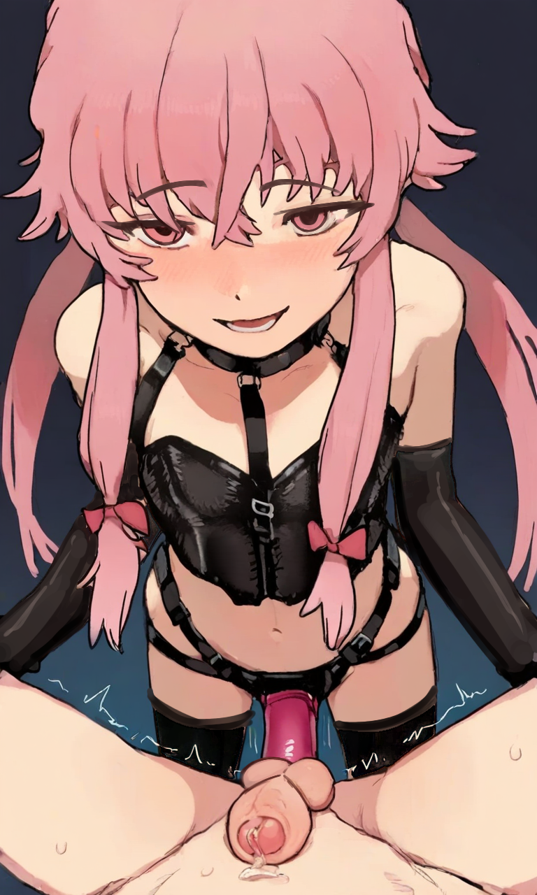 ai generated, blush, dildo, female, femdom, gasai yuno, latex clothing, long gloves, male, mirai nikki, pegging, pink hair, pov, smug, strap-on, taker pov, thighhighs, trembling