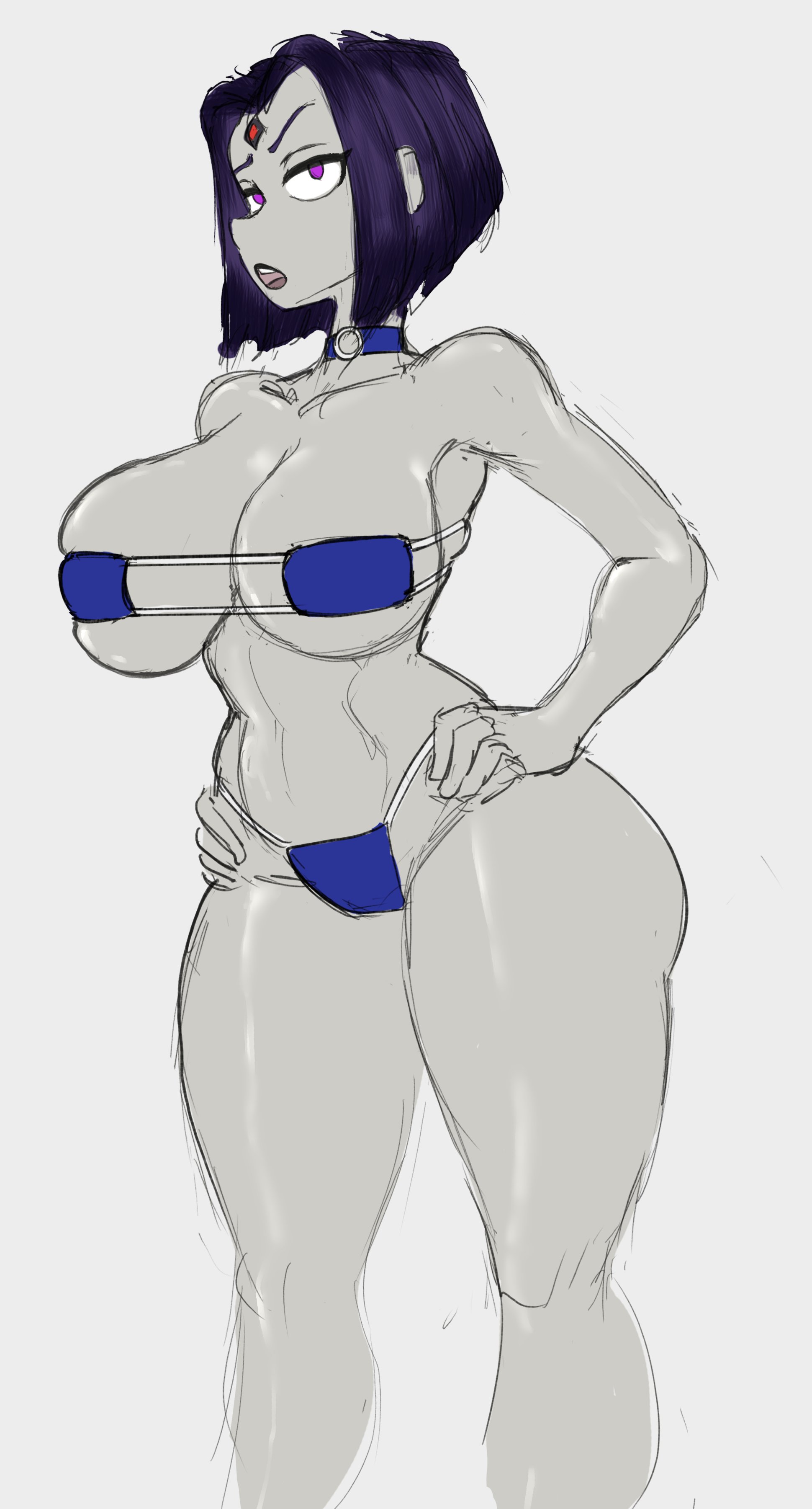 big breasts, bikini, cleavage, collar, dc comics, gray skin, large breasts, noodlensfw, rachel roth, raven (dc), simple background, tagme