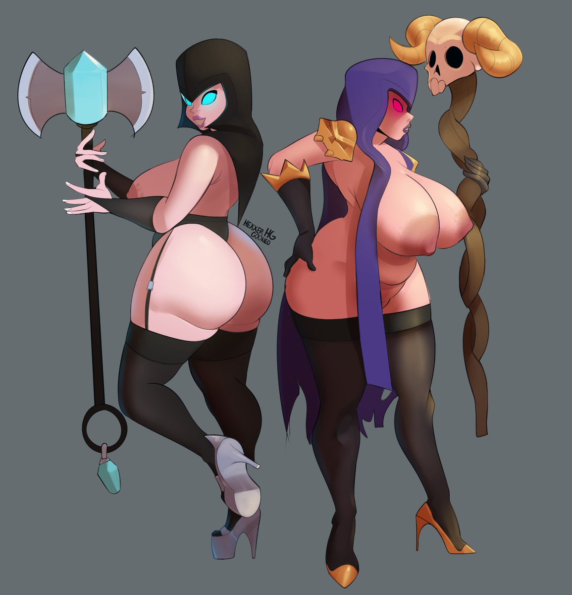 2girls, almost naked, almost nude, alternate version available, areola, areolae, big ass, big breasts, boobs, bubble ass, bubble butt, clash (series), clash of clans, clash royale, duo, duo female, duo focus, fat ass, fat tits, fishnet legwear, fishnets, heels, hexxergooned, large ass, large breasts, light skin, light-skinned female, naked, naked female, night witch (clash of clans), night witch (clash royale), nude, nude female, stockings, supercell, thigh highs, thighhighs, thighs, tits, white skin, witch (clash of clans), witch (clash royale)