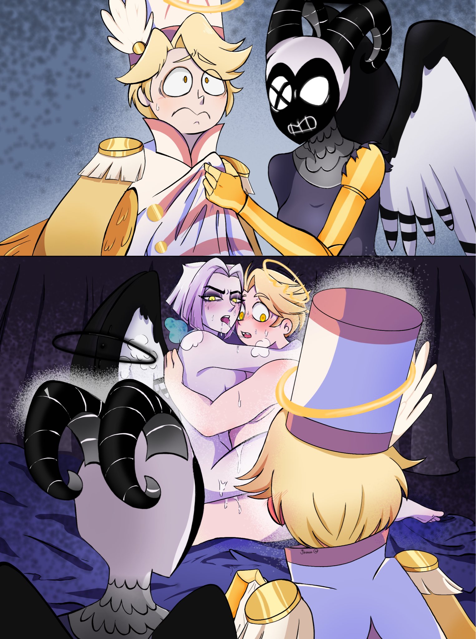 abel (hazbin hotel), angel, angel wings, blonde hair, blush, breasts, clothed, clothing, cowgirl position, duo, hair, halo, hazbin hotel, lute (hazbin hotel), male, male/female, meme, naked, nude, post-kiss, prosthetic arm, saliva, sex, somehow has time-traveled (meme), straight, thick thighs, white hair, wings