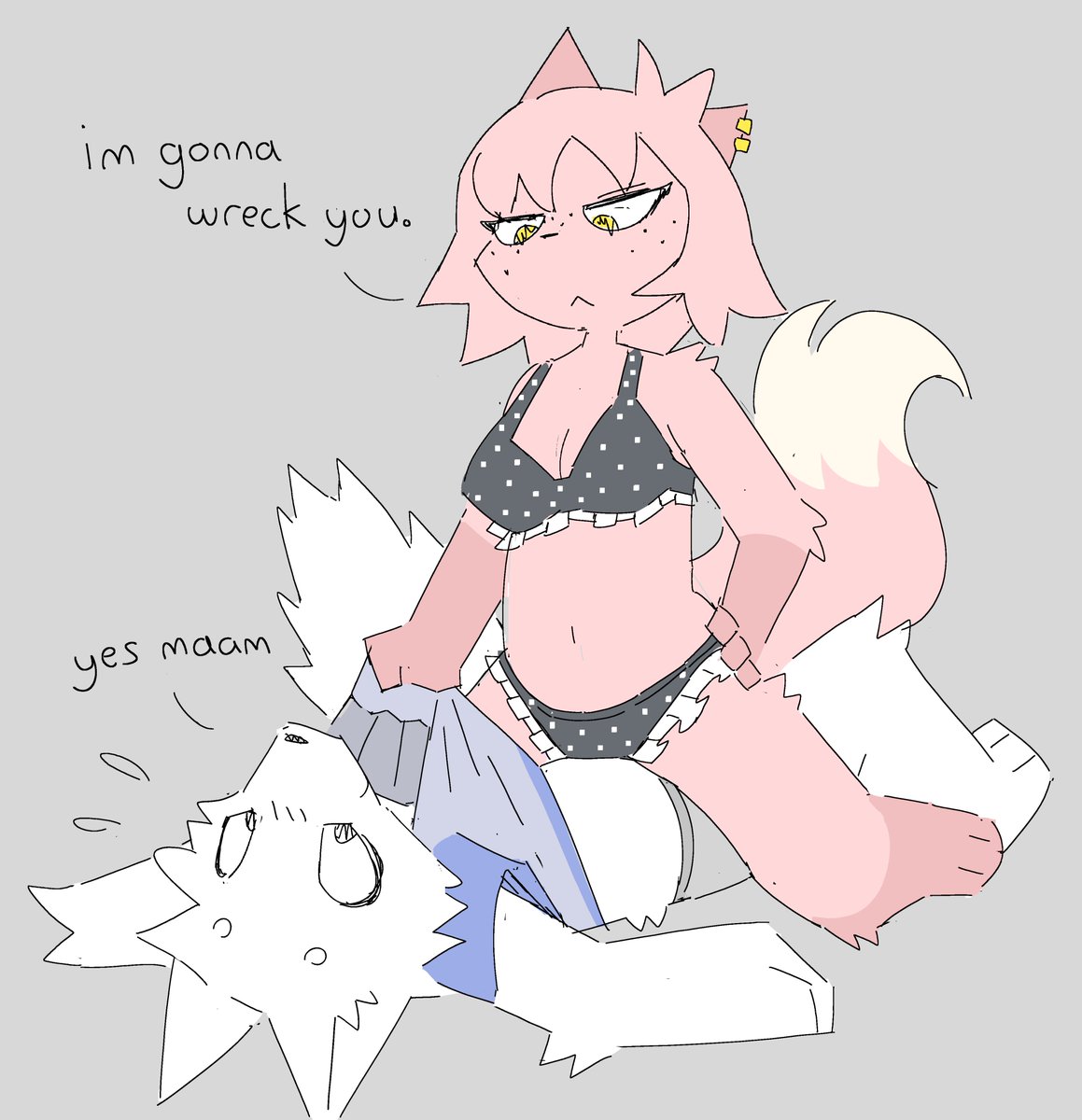 anthro, anthro on anthro, bra, canine, chelsea (millislushi), female, fox, furry, imminent pegging, imminent sex, male, male/female, millislushi, panties, pink body, shirt, shirt pull, underwear, white body