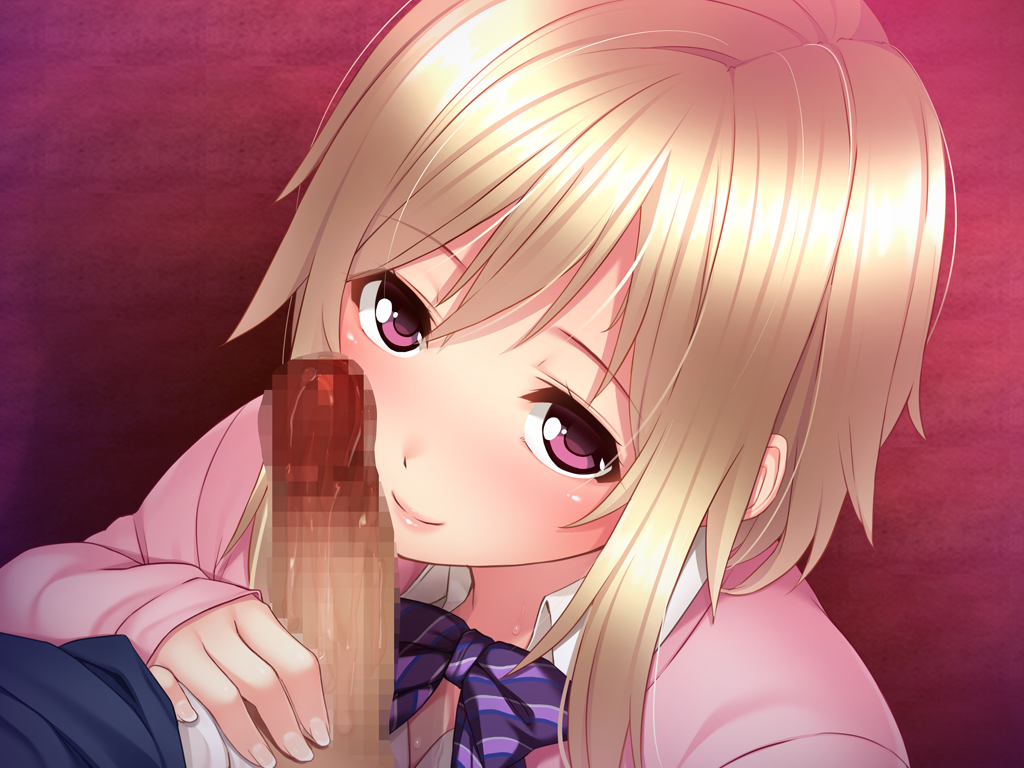 1boy censored female frailsoft game_cg handjob happy kei_(ochita_jk_no_yuuwaku_ranen) mikemono_yuu ochita_jk_no_yuuwaku_ranen purple_eyes school_uniform smile tagme